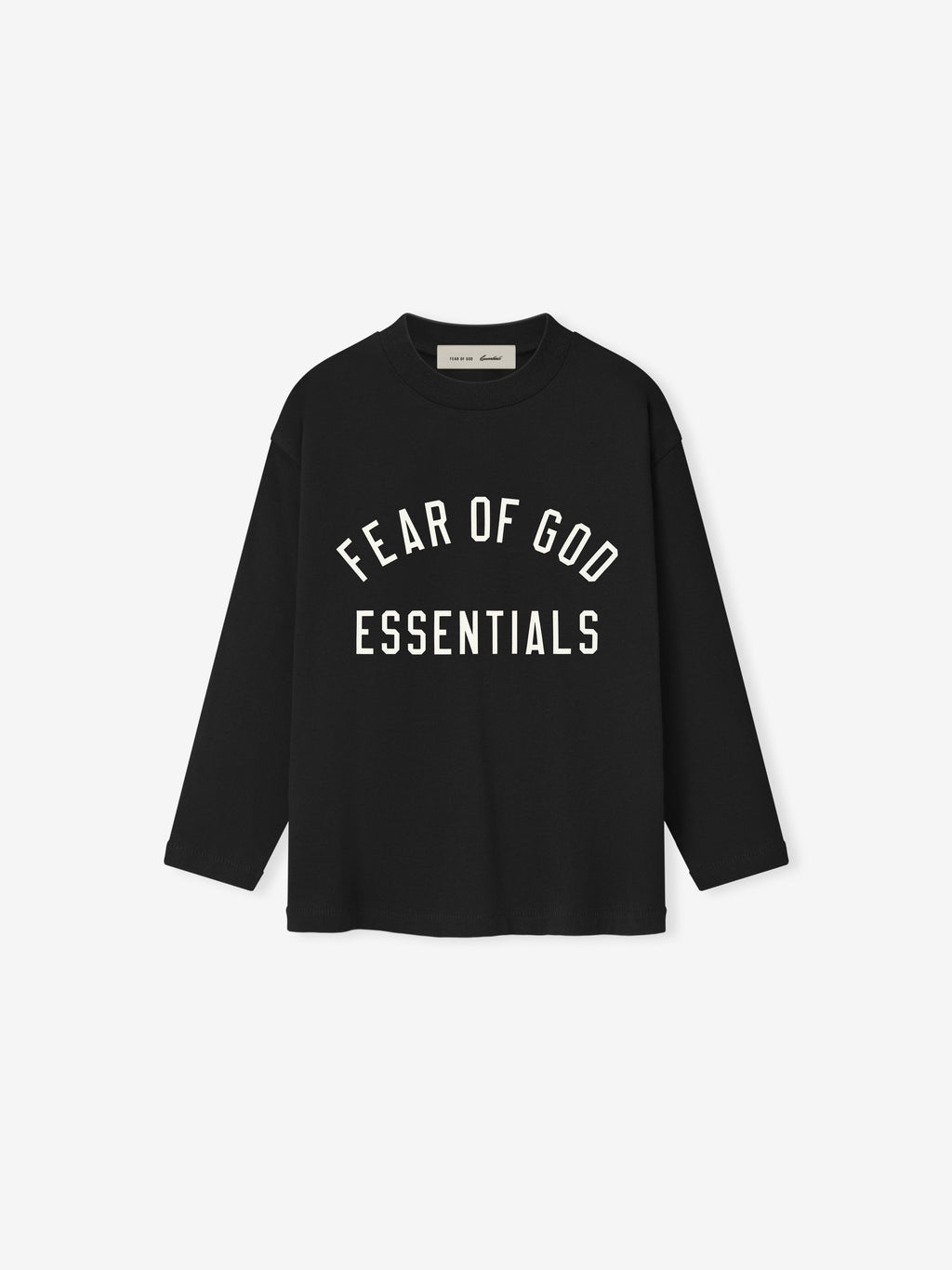 Front view of black long-sleeve shirt with white "FEAR OF GOD ESSENTIALS" text printed in arched layout