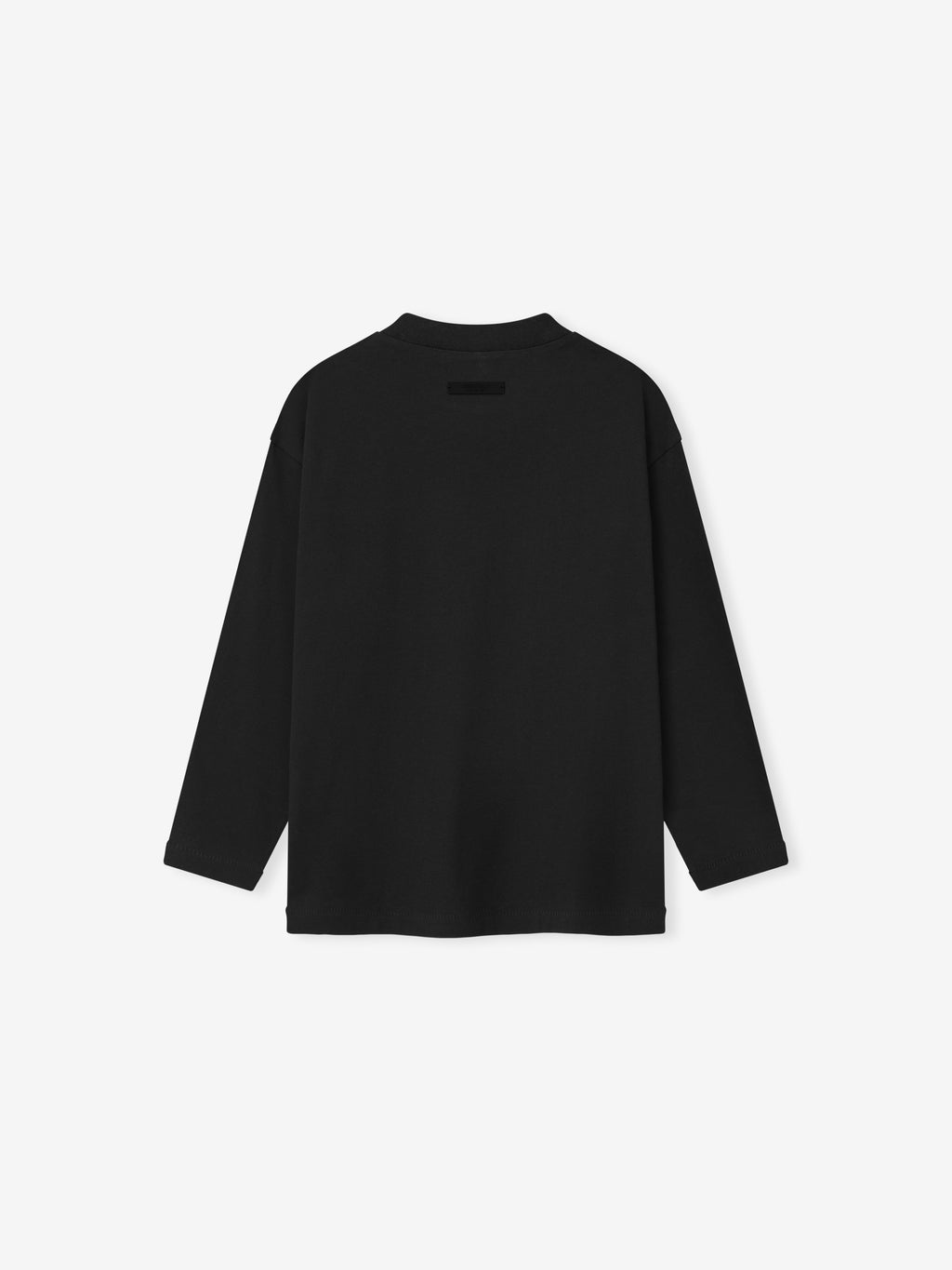 Back view of plain black long-sleeve shirt with crew neck on solid light gray background