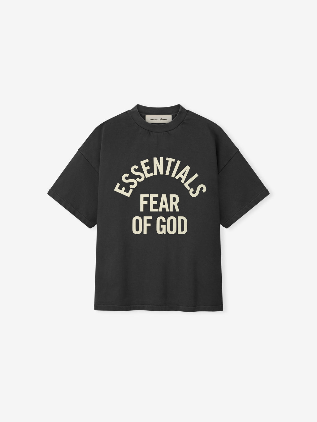 front view of black heavyweight cotton tee with cream Essentials Fear of God logo in oversized 90s fit
