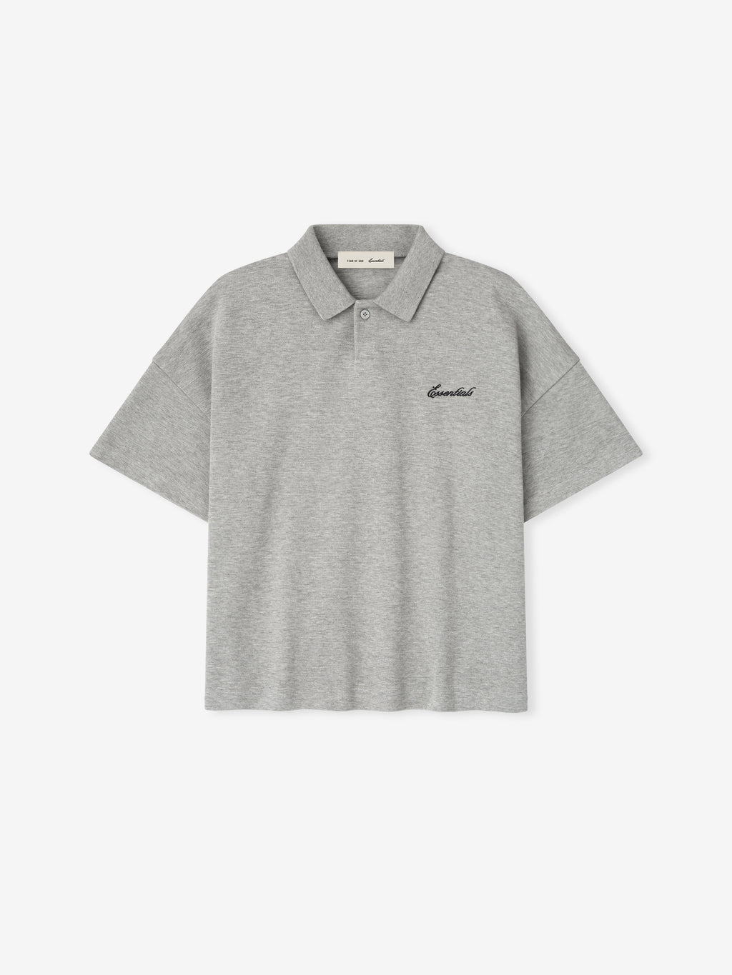 grey kids oversized 90s fit polo with short sleeves, cropped length, and minimal branded script on chest