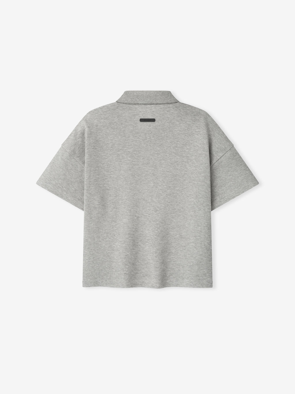 back view of kids grey pique polo with oversized 90s fit, cropped length, and 3/4 sleeves in medium-weight knit