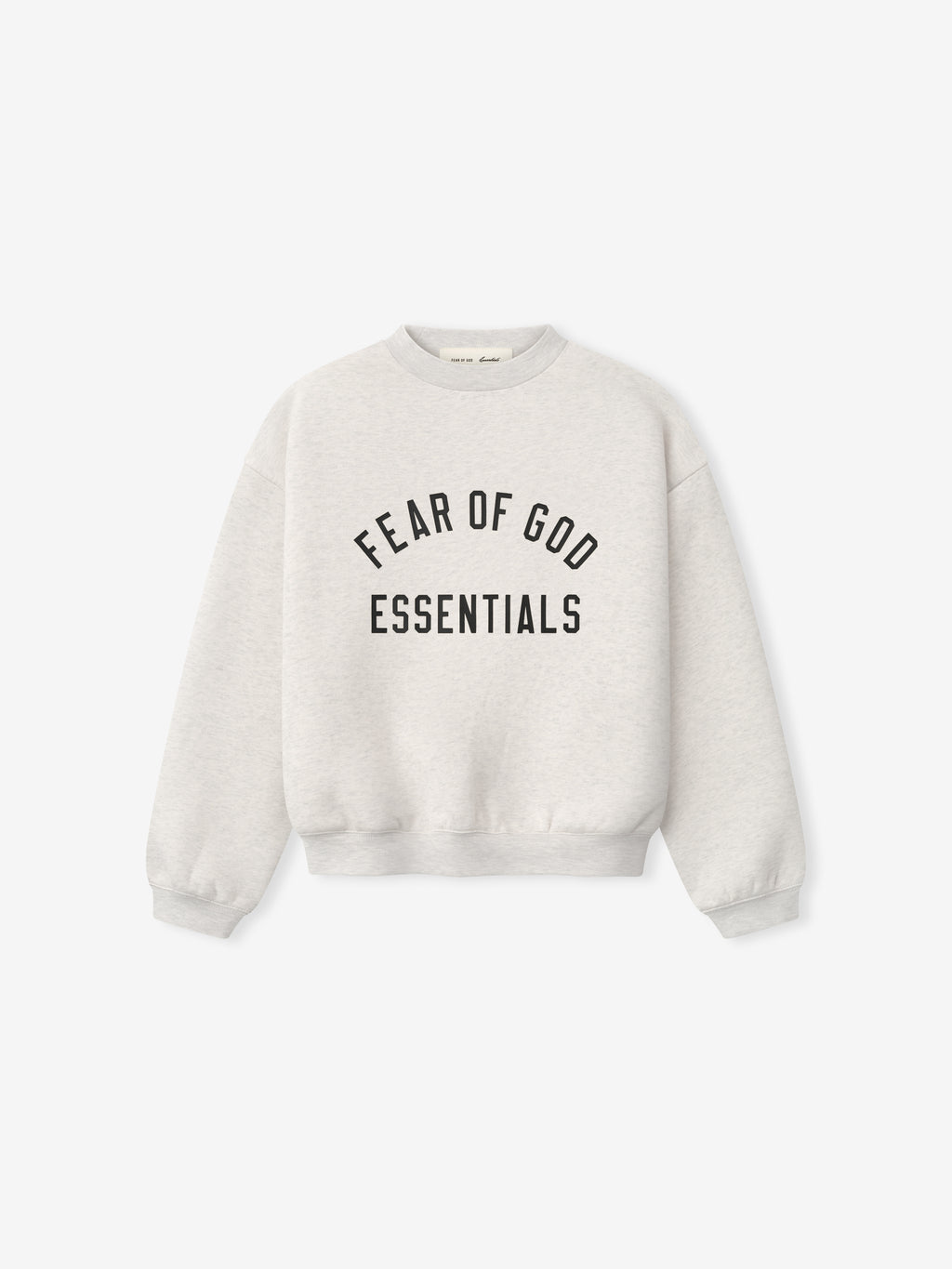 Light gray crewneck sweatshirt with black "FEAR OF GOD ESSENTIALS" text printed in arched style on front panel