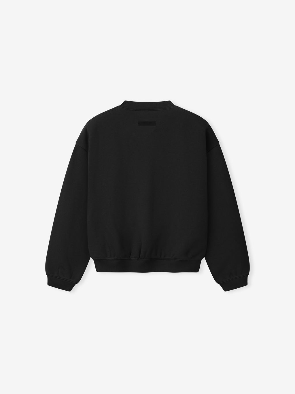 Black sweatshirt shown from back with long sleeves, ribbed cuffs and waistband, and small patch detail near collar