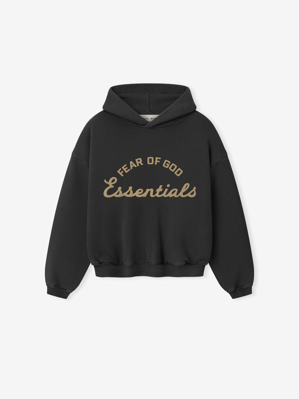 front view of black kids hoodie with puff-printed Fear of God Essentials 90s training logo in tan text