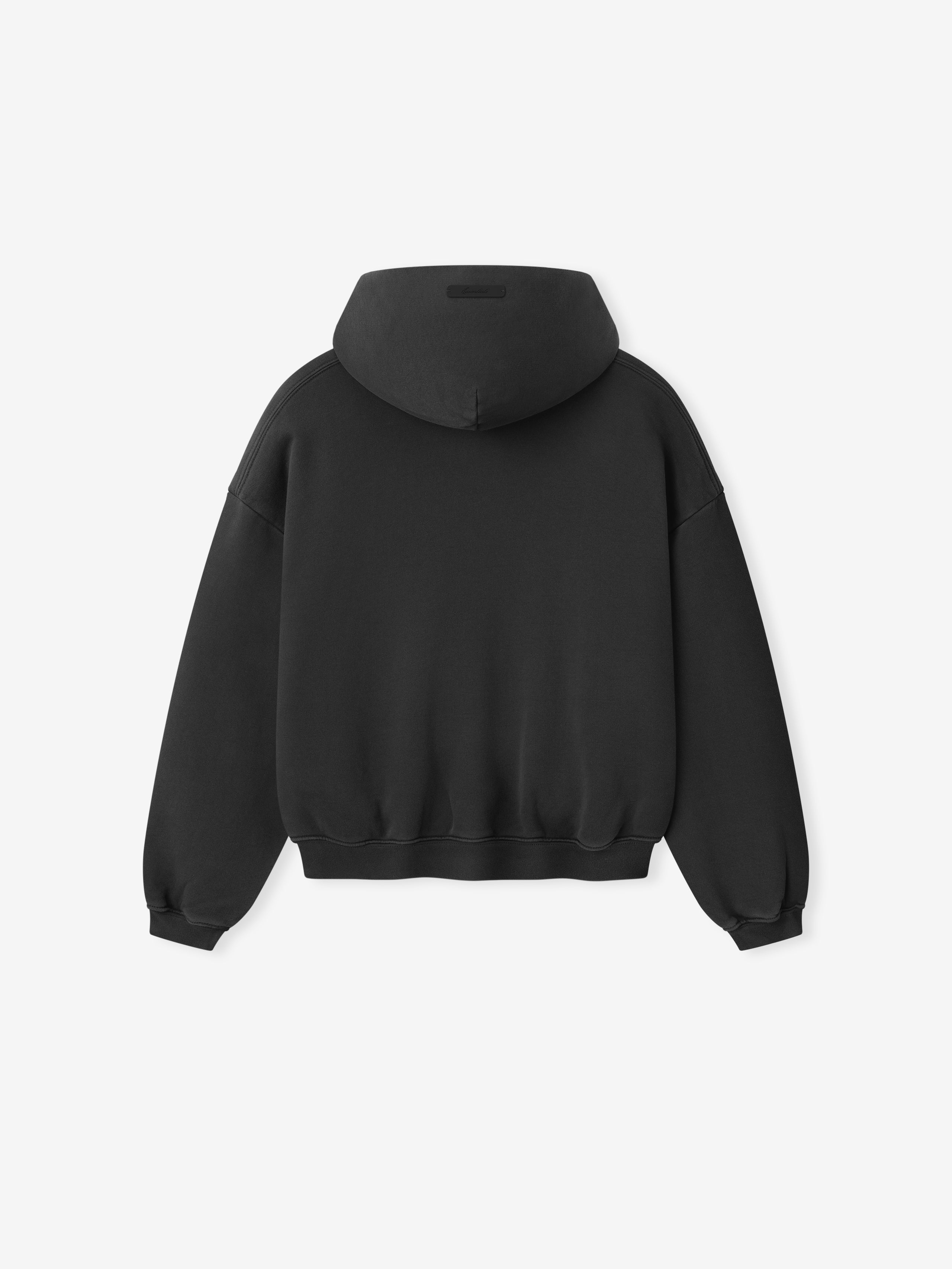 back view of black kids hoodie with ribbed cuffs and waistband in heavyweight cotton fleece fabric