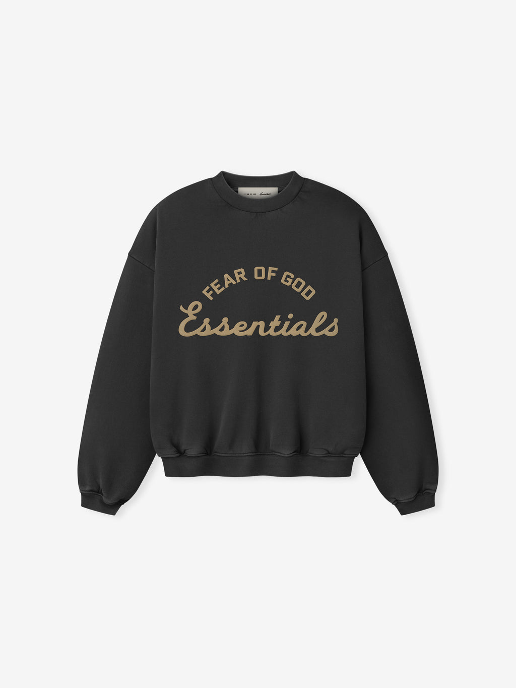 front view of black kids crewneck sweatshirt with Fear of God Essentials logo printed in tan text on chest