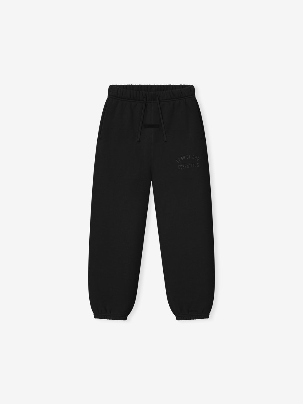 black kids classic sweatpants with elastic waistband and subtle tonal Fear of God Essentials logo on thigh