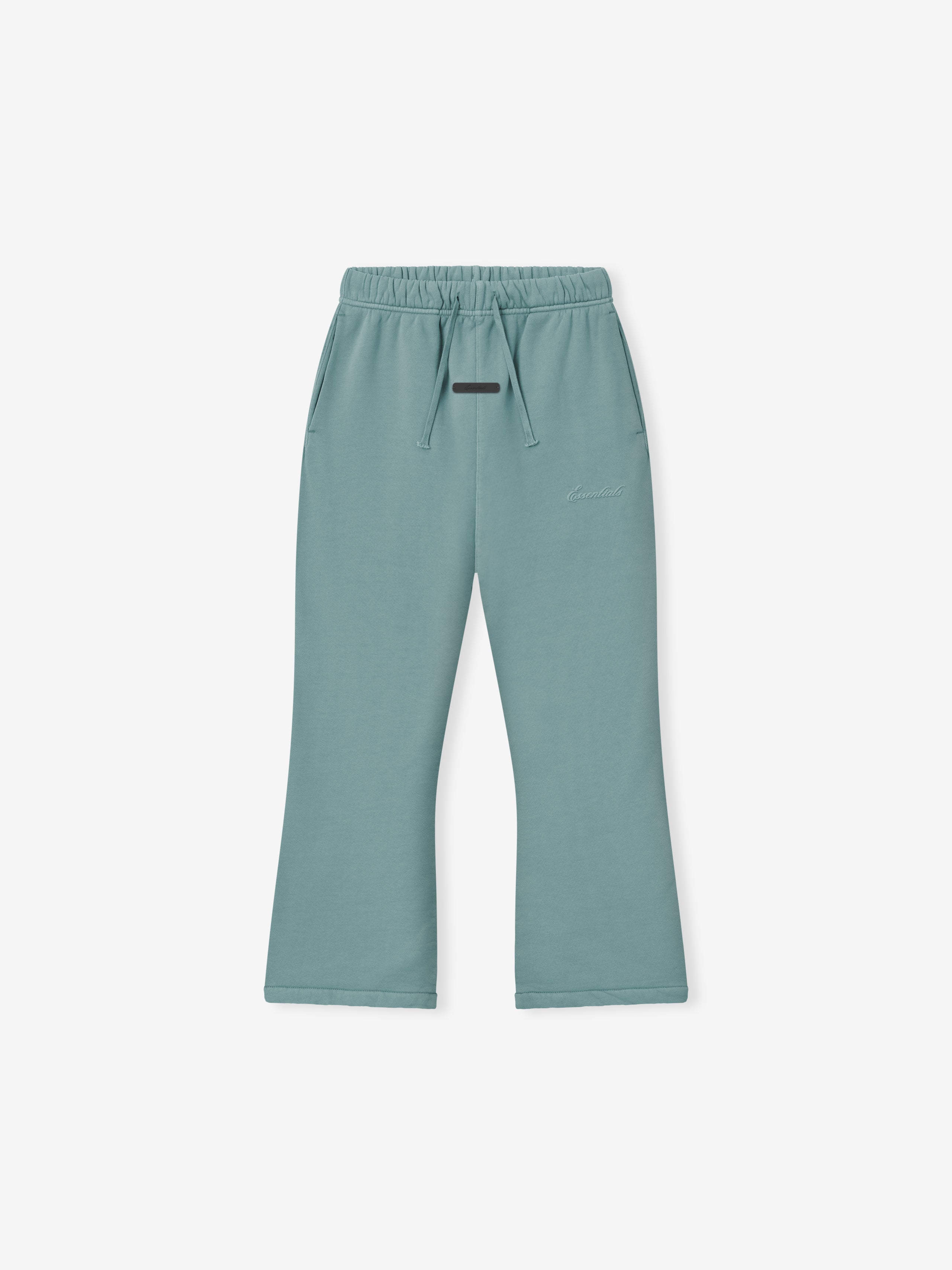 kids flare sweatpant in muted blue pigment-dyed cotton fleece with elastic waistband, drawstring, and relaxed fit