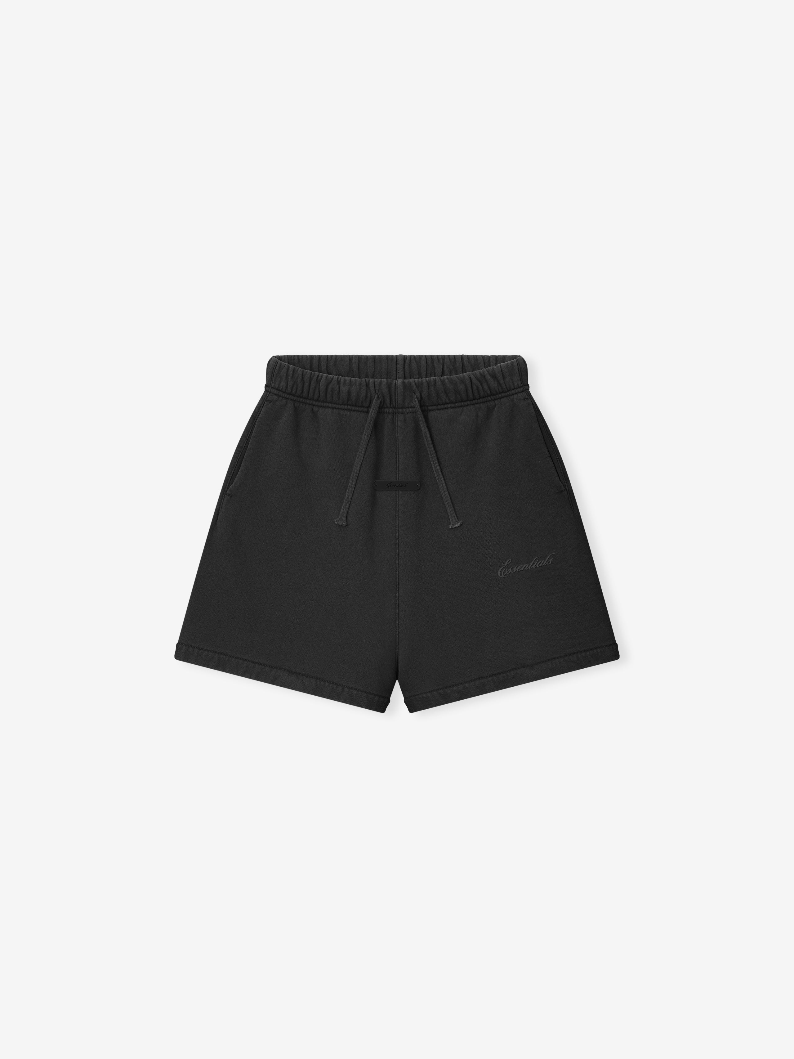black kids mid-length sweatshorts in 390GSM cotton fleece with elastic waistband, drawstring, and vintage-inspired pigment dye finish