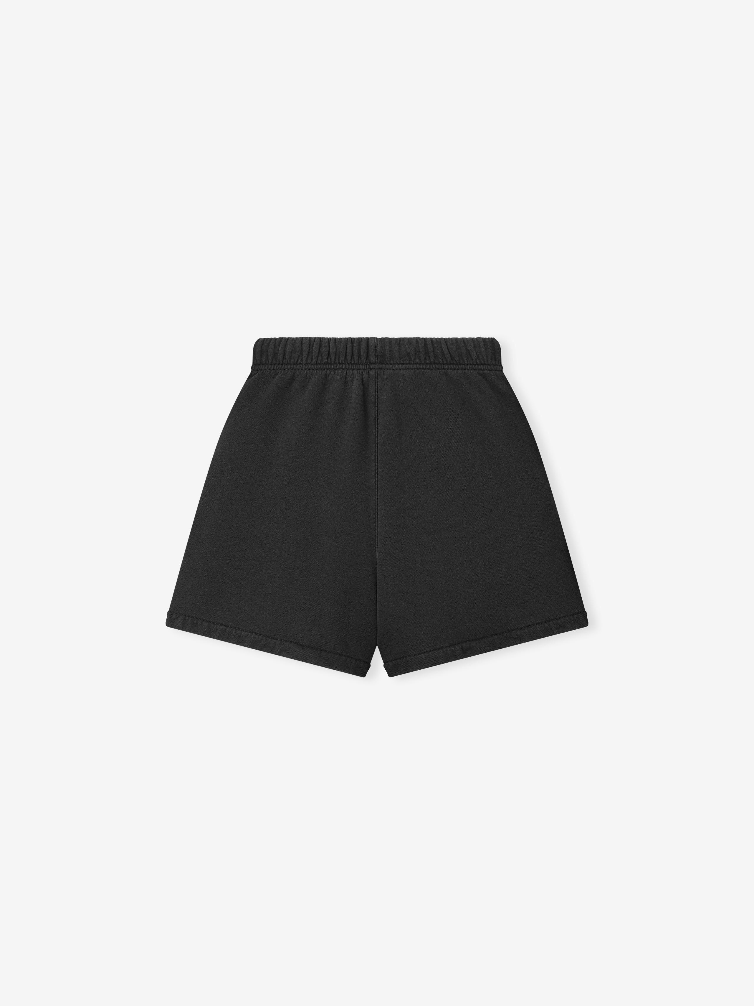 black kids mid-length sweatshort with elastic waistband in 390GSM cotton fleece and vintage-inspired pigment dye finish
