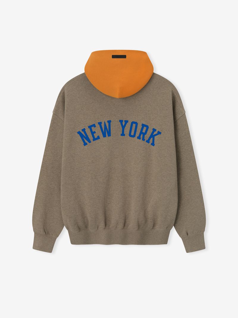 Rear view of brown Knicks Sport Hoodie with bright orange hood and blue arched NEW YORK text, image 7vHVdZ9g.jpg gallery 0
