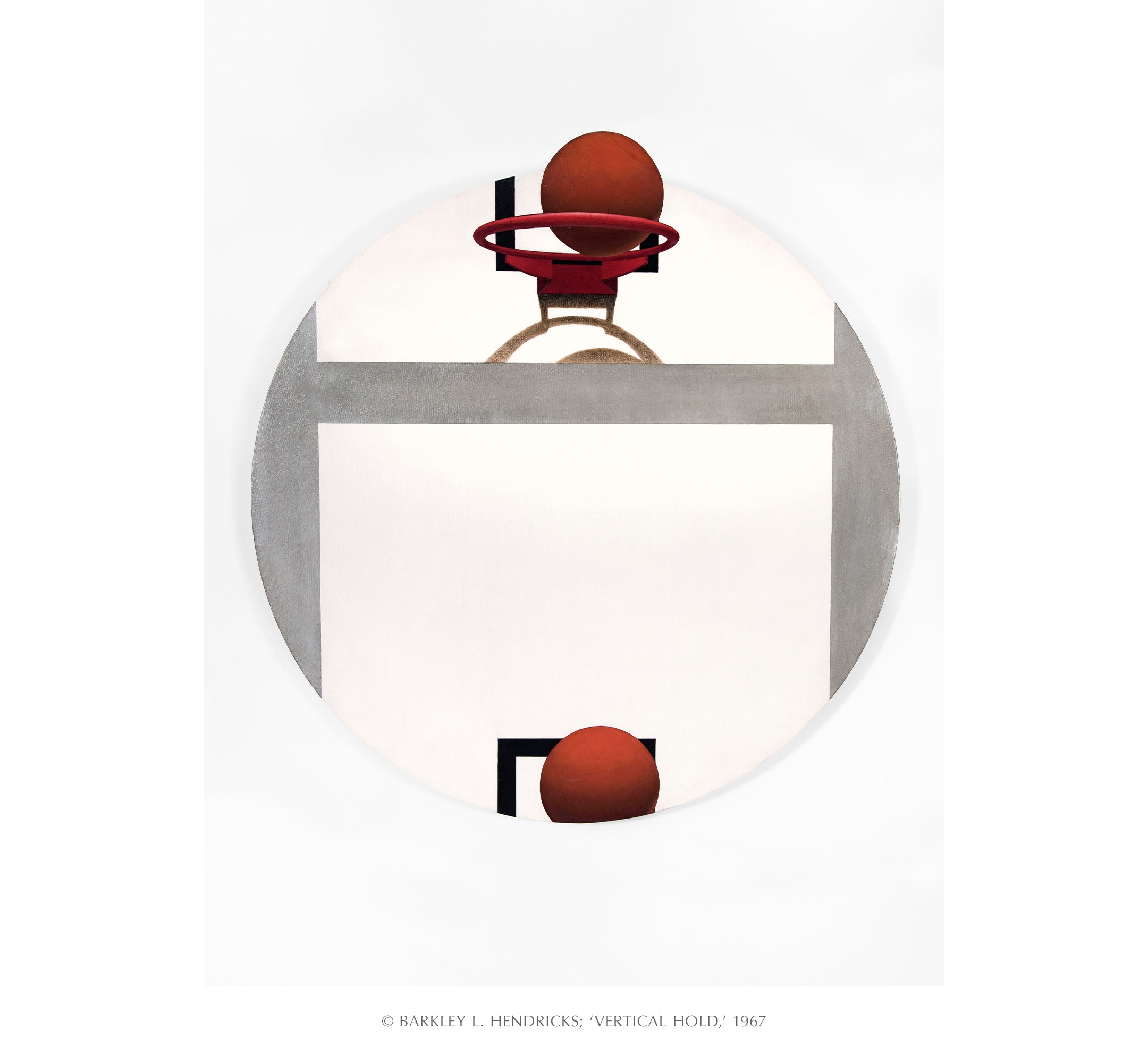 Abstract artwork evoking a basketball entering a netless hoop in a pattern with the ball breaking the top of the round field of view. Captioned: 