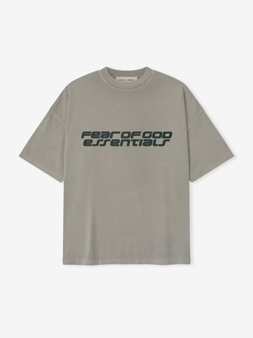 Smoke grey Fear of God Essentials 90s Tee with black futuristic logo text front, flat lay, first gallery image
