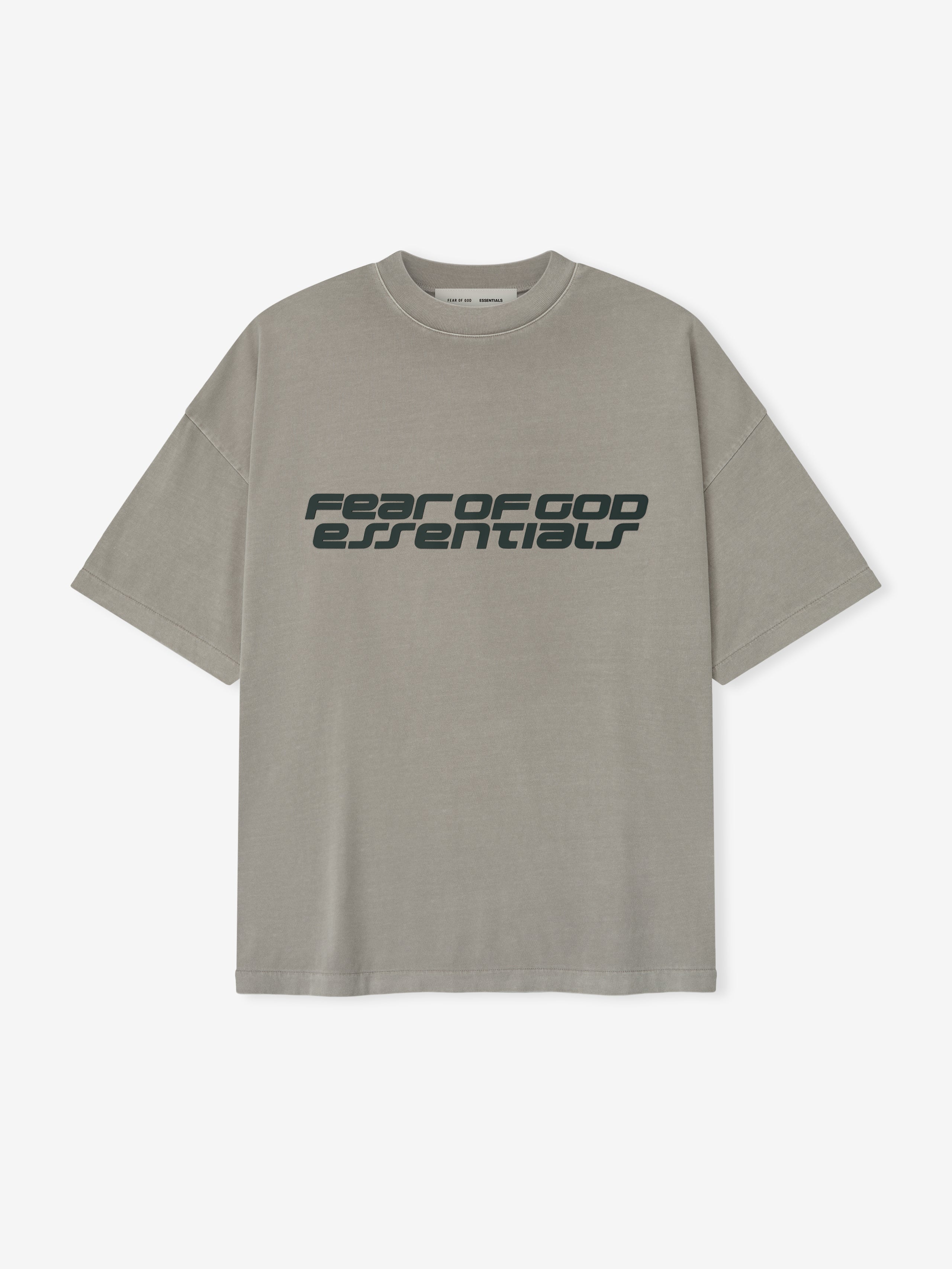 Smoke grey Fear of God Essentials 90s Tee with black futuristic logo text front, flat lay, first gallery image
