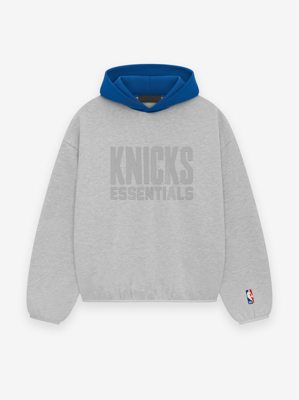 Light grey Knicks Essentials hoodie with blue hood and subtle embossed logo on front against plain white background
