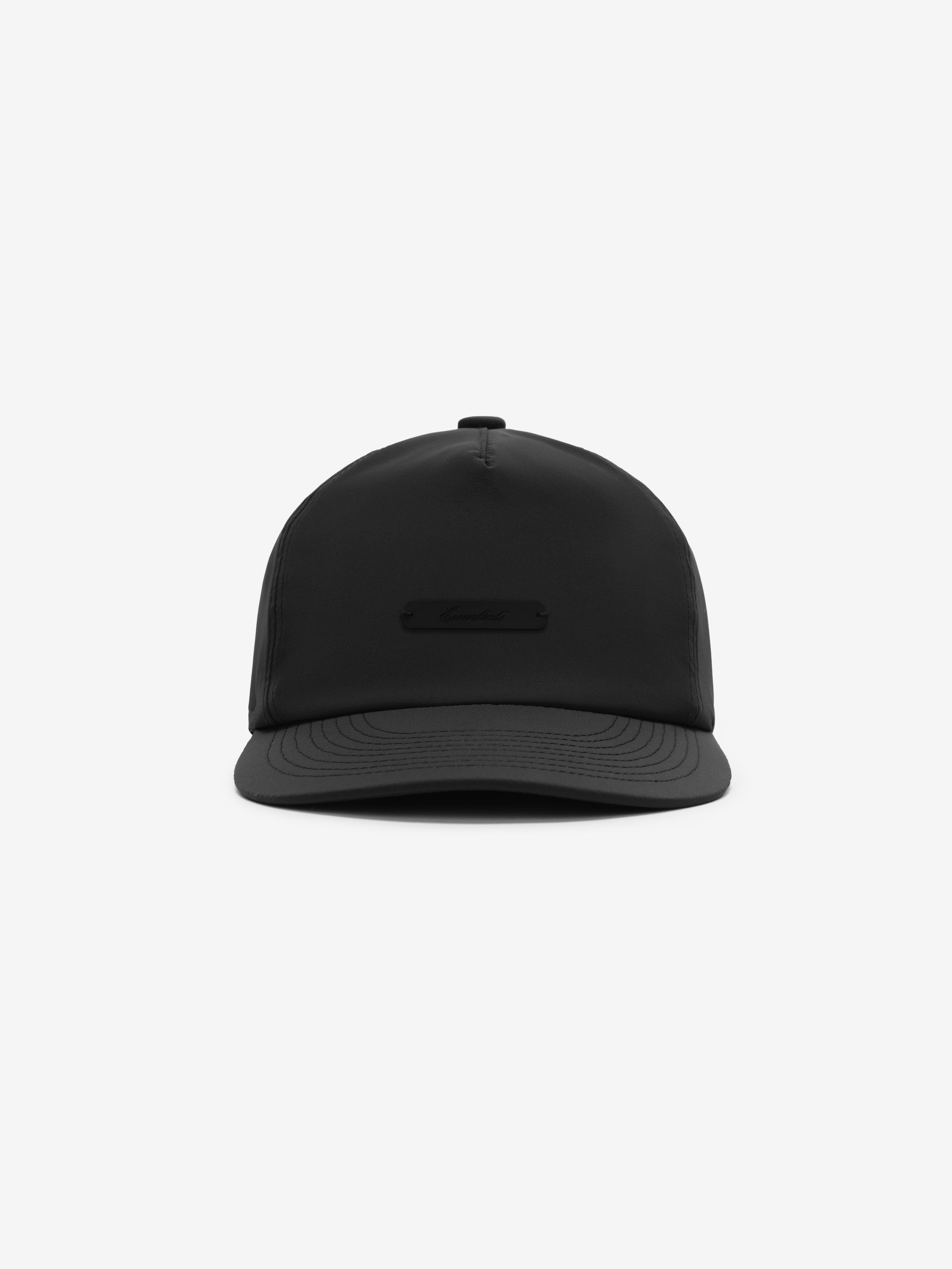 5 Panel Nylon Hat in deep black featuring a smooth nylon finish with a sleek, minimalist front logo patch and a gently curved brim for refined casual wear.