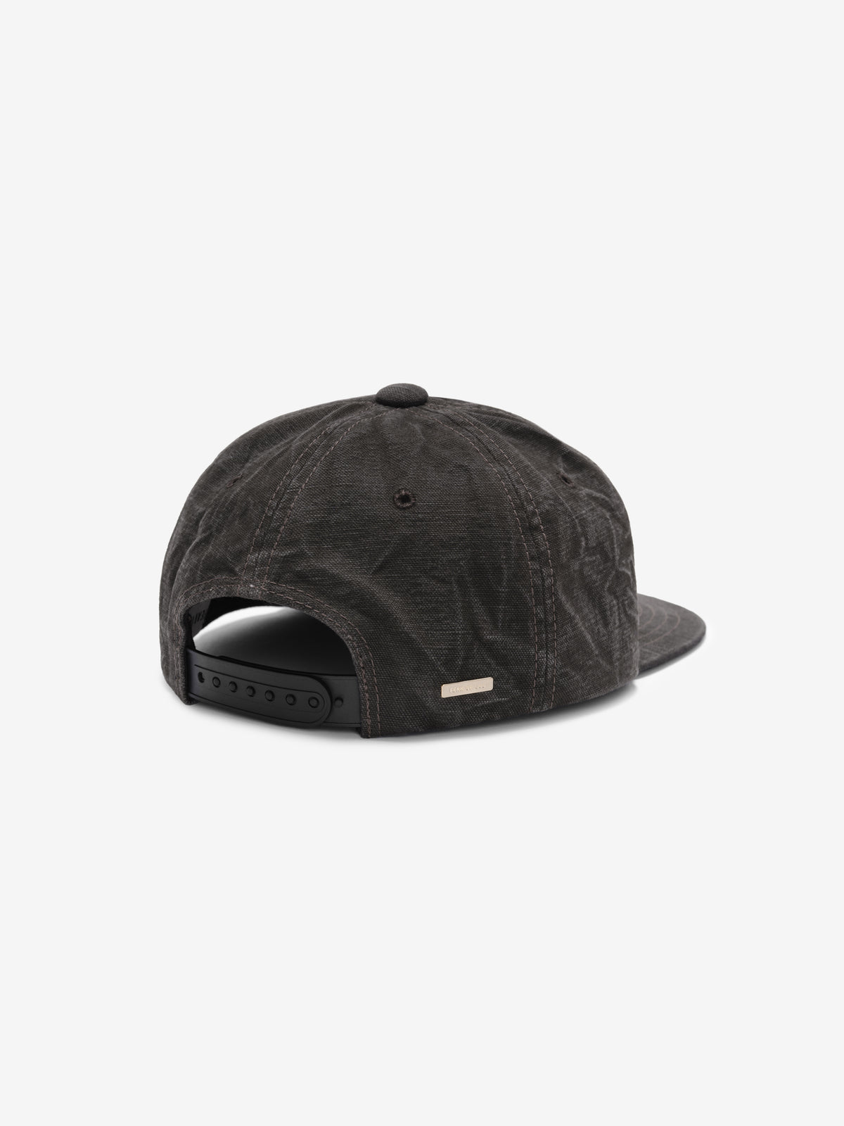 Canvas Baseball Cap in washed black shown from the back with an adjustable snapback closure curved brim tonal stitching and a small logo tab for a casual finish