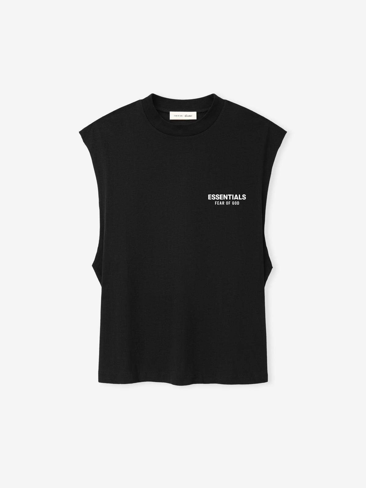Essentials FW26 Classic Cut-Off black sleeveless top with raw armholes and chest logo displayed against a clean white background in a Tops product view