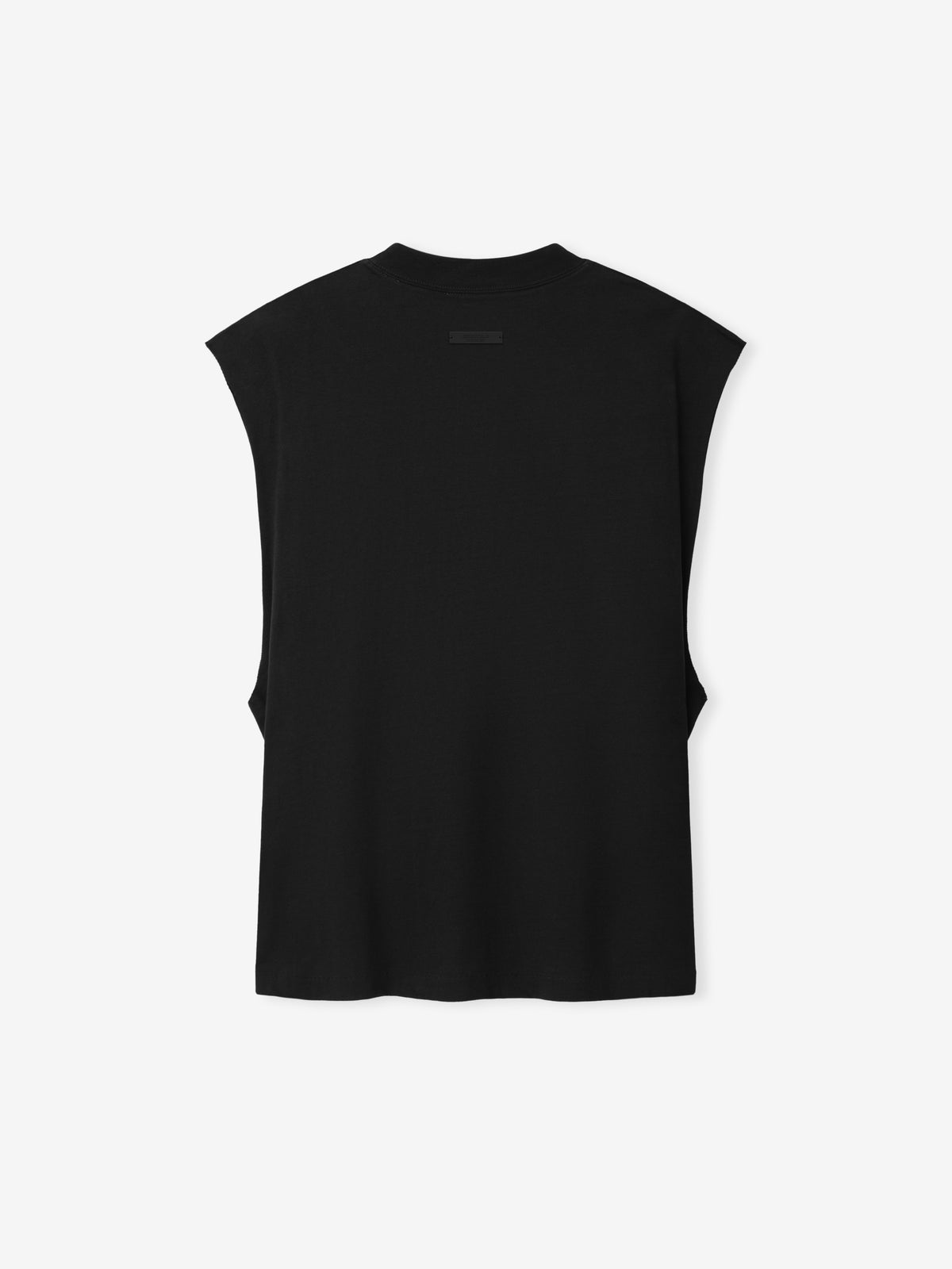 Essentials FW26 Classic Cut-Off black sleeveless top with raw armholes and subtle chest logo displayed on a clean white background in a Tops product view