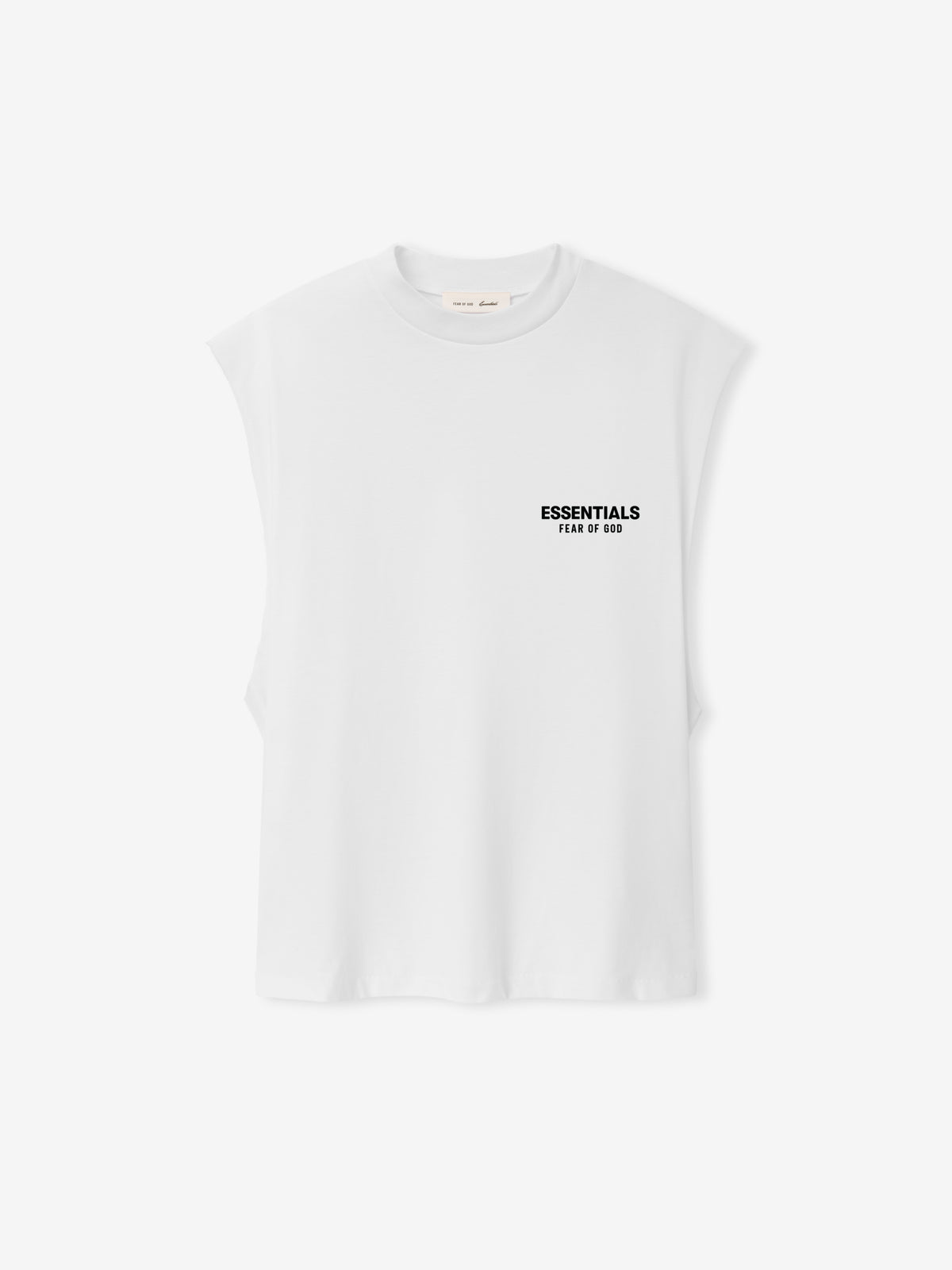 Essentials FW26 Classic Cut-Off white sleeveless top with wide raw edge armholes and small Essentials Fear of God chest logo in a Tops product view