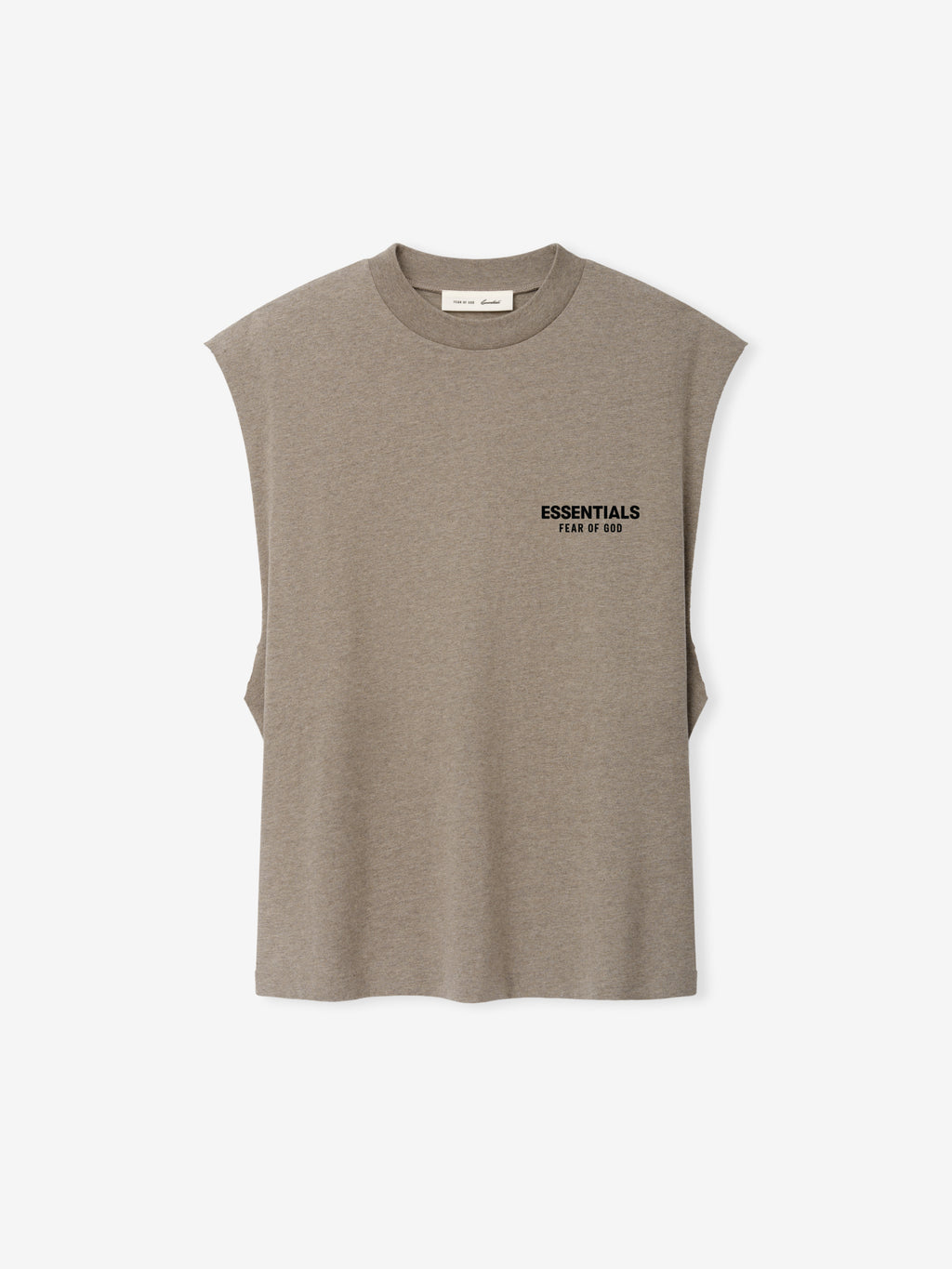 Essentials FW26 Classic Cut-Off taupe sleeveless top with raw armholes and small Fear of God logo displayed on a white background in a Tops product view