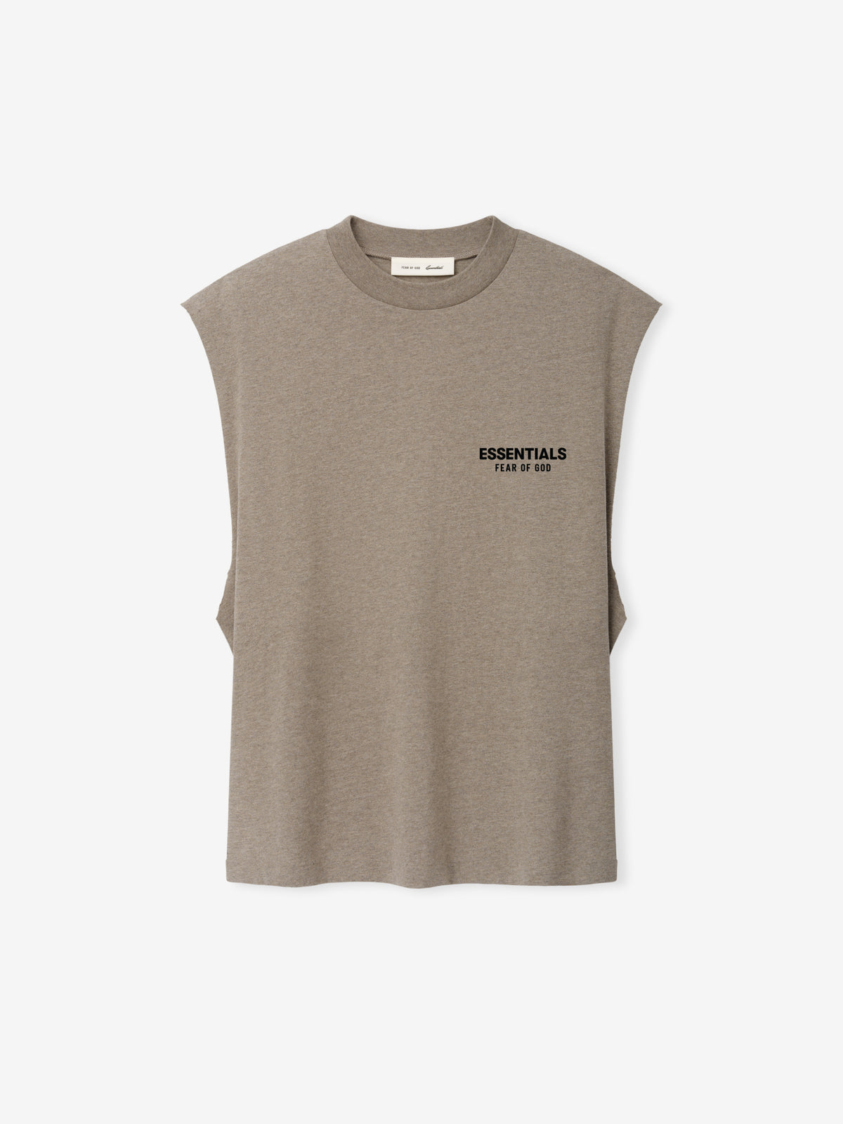 Essentials FW26 Classic Cut-Off taupe sleeveless top with raw armholes and small Fear of God logo displayed on a white background in a Tops product view