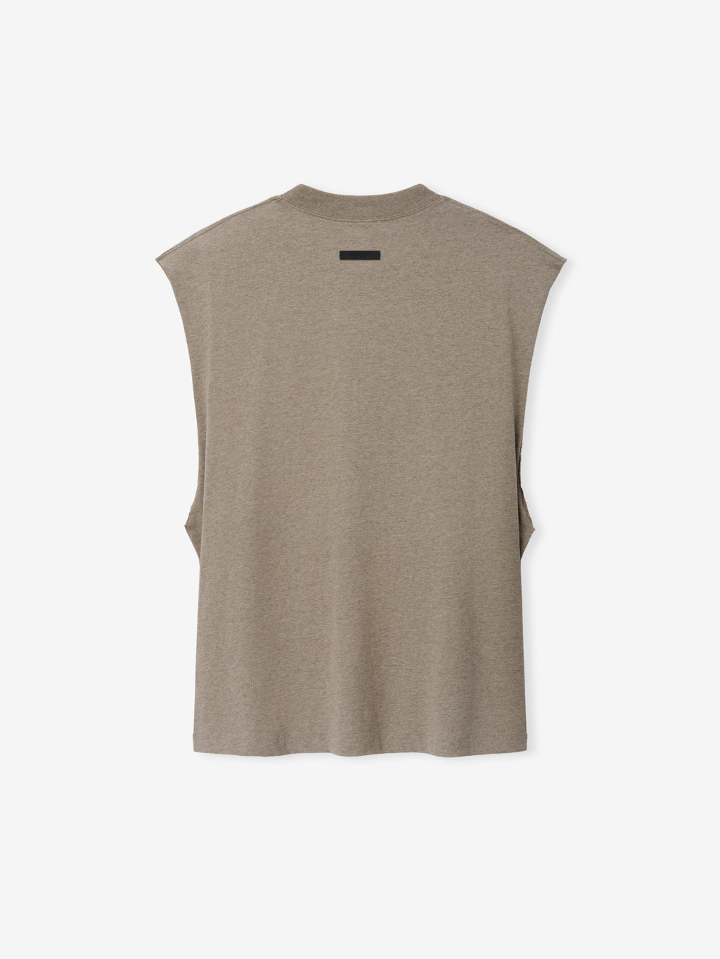 Essentials FW26 Classic Cut-Off taupe sleeveless top with raw cut armholes and a small Fear of God logo displayed against a white background in a Tops view
