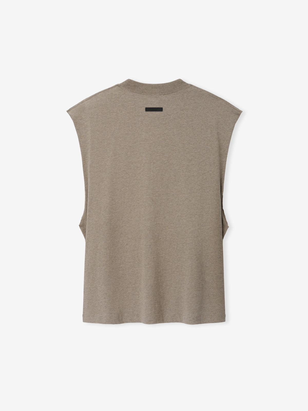Essentials FW26 Classic Cut-Off taupe sleeveless top with raw cut armholes and a small Fear of God logo displayed against a white background in a Tops view