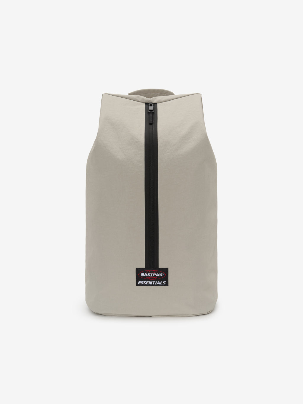Sports Duffel in light gray with a tall tapered shape central black zipper top handle and rectangular logo patch displayed against a clean white background