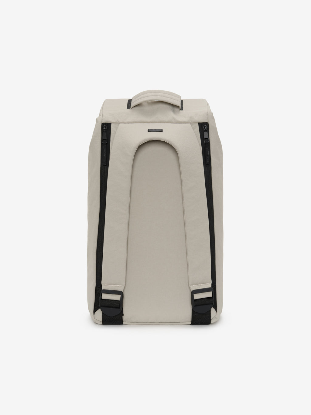 Sports Duffel in light gray shown from the back with a top carry handle black vertical zippers adjustable shoulder straps and a structured rectangular shape on a white background