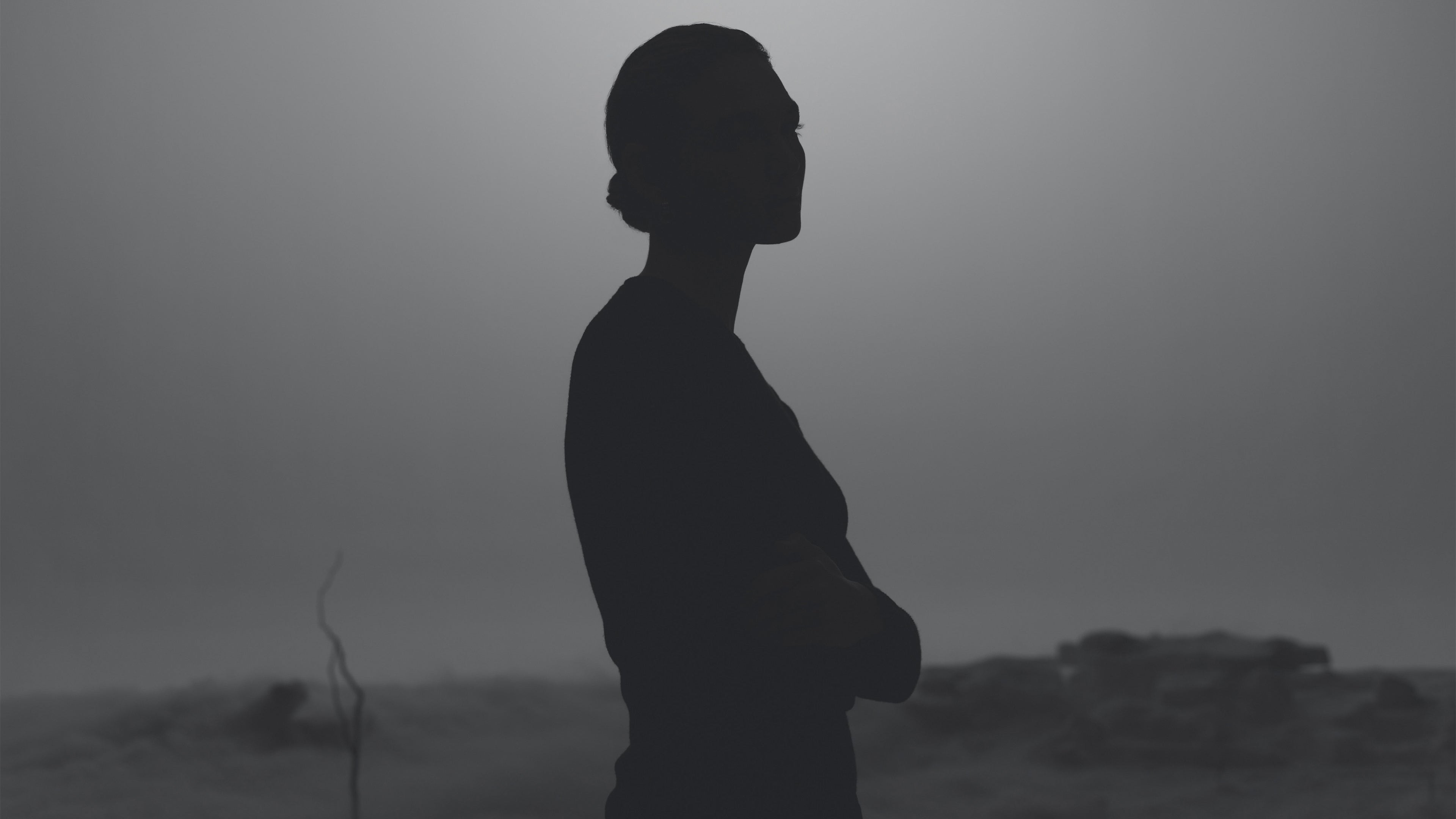 Silhouetted side profile of a person standing with crossed arms against a foggy, desolate landscape background