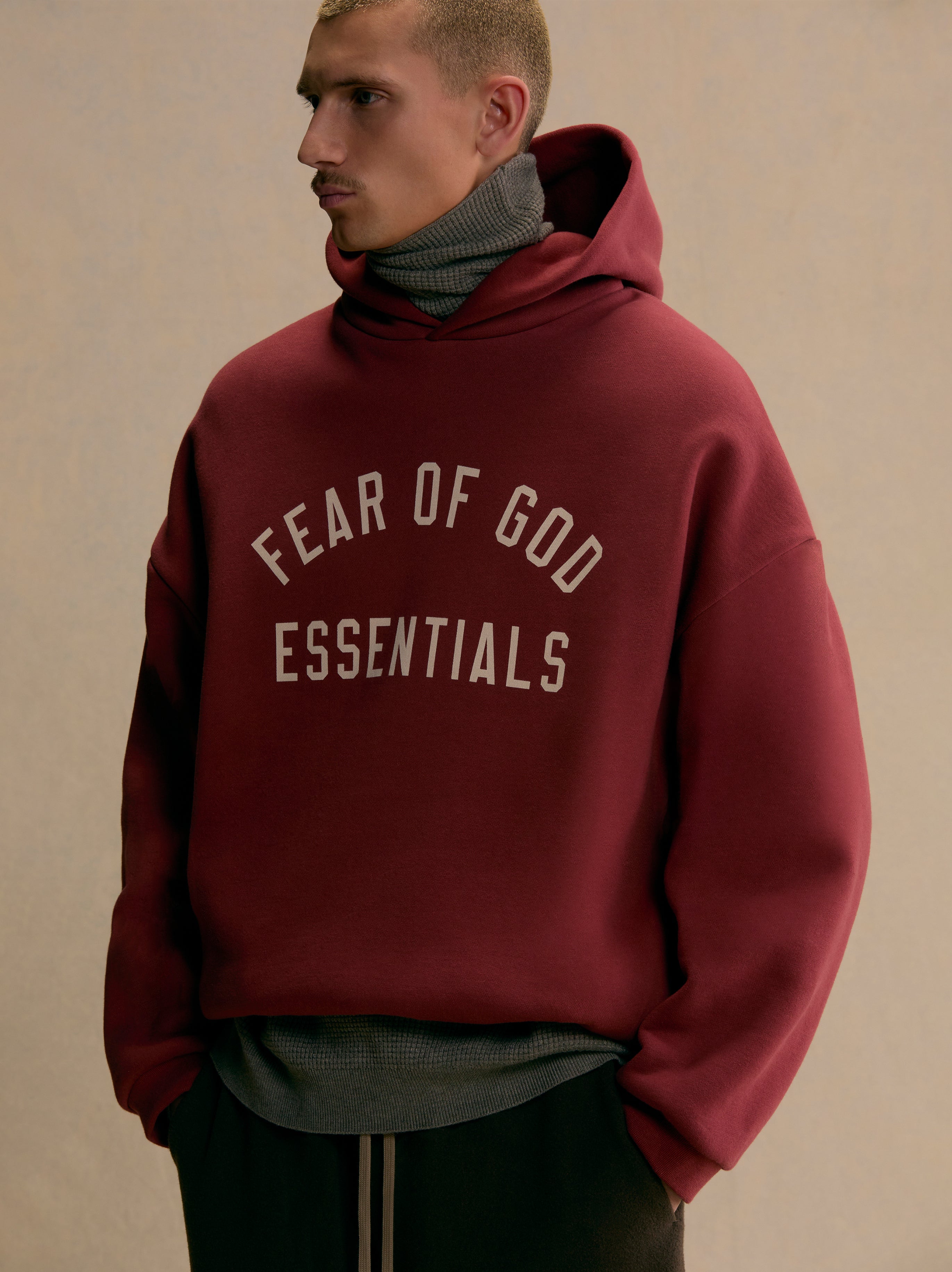 Fleece Hoodie in Crimson | Fear of God ESSENTIALS | Fear of God