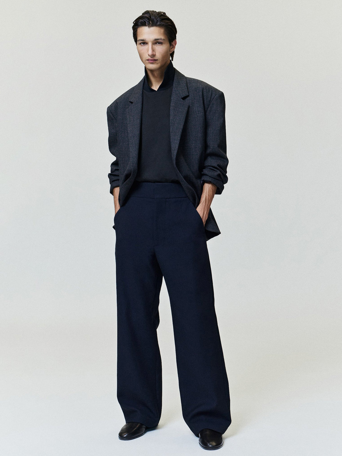 Double Weave Cotton Wool Casual Flat Front Trousers shown worn in dark navy with a relaxed wide leg and clean waist as Bottoms