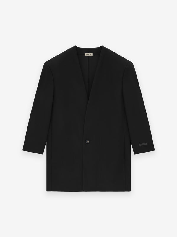 Wool Gabardine Long Lapelless Suit Jacket