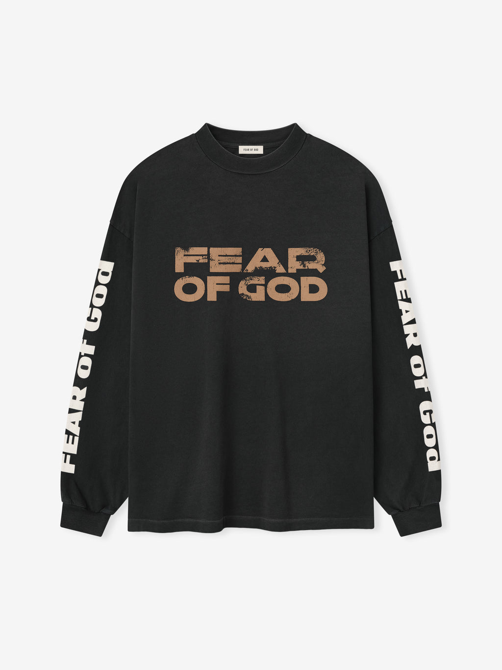 Relaxed Fear Of God Long Sleeve Tee in black featuring distressed beige “FEAR OF GOD” text across the chest and white branding along the sleeves, crafted from soft cotton for a casual tops option.