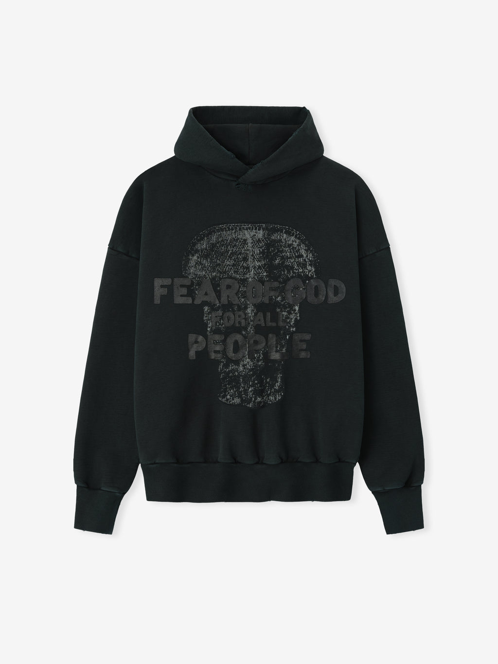Le Panteres Hoodie in deep black featuring a tonal distressed skull graphic with subtle "Fear of God for All People" text, designed as a cozy and stylish outerwear piece.