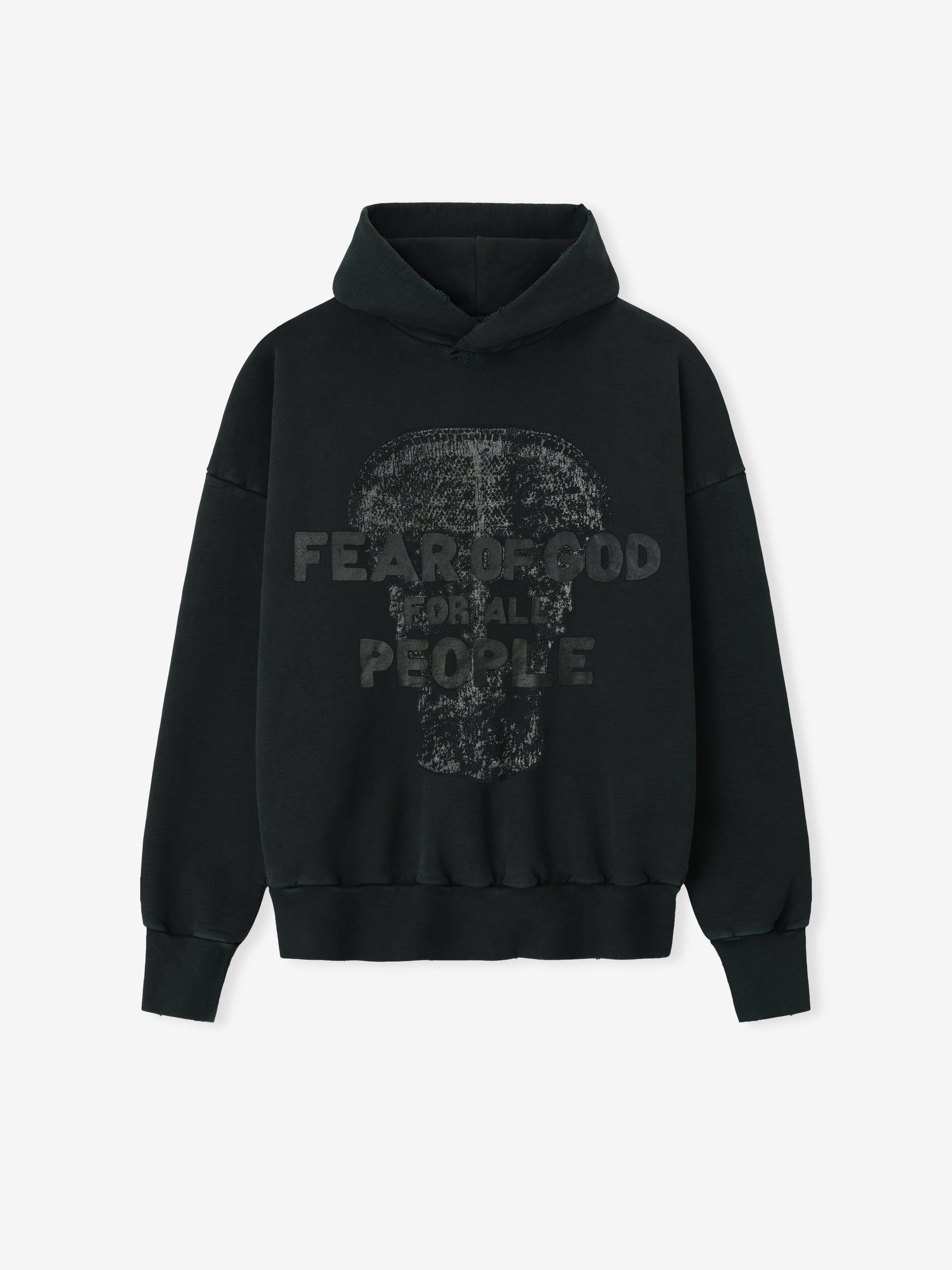 Le Panteres Hoodie in deep black featuring a tonal distressed skull graphic with subtle "Fear of God for All People" text, designed as a cozy and stylish outerwear piece.