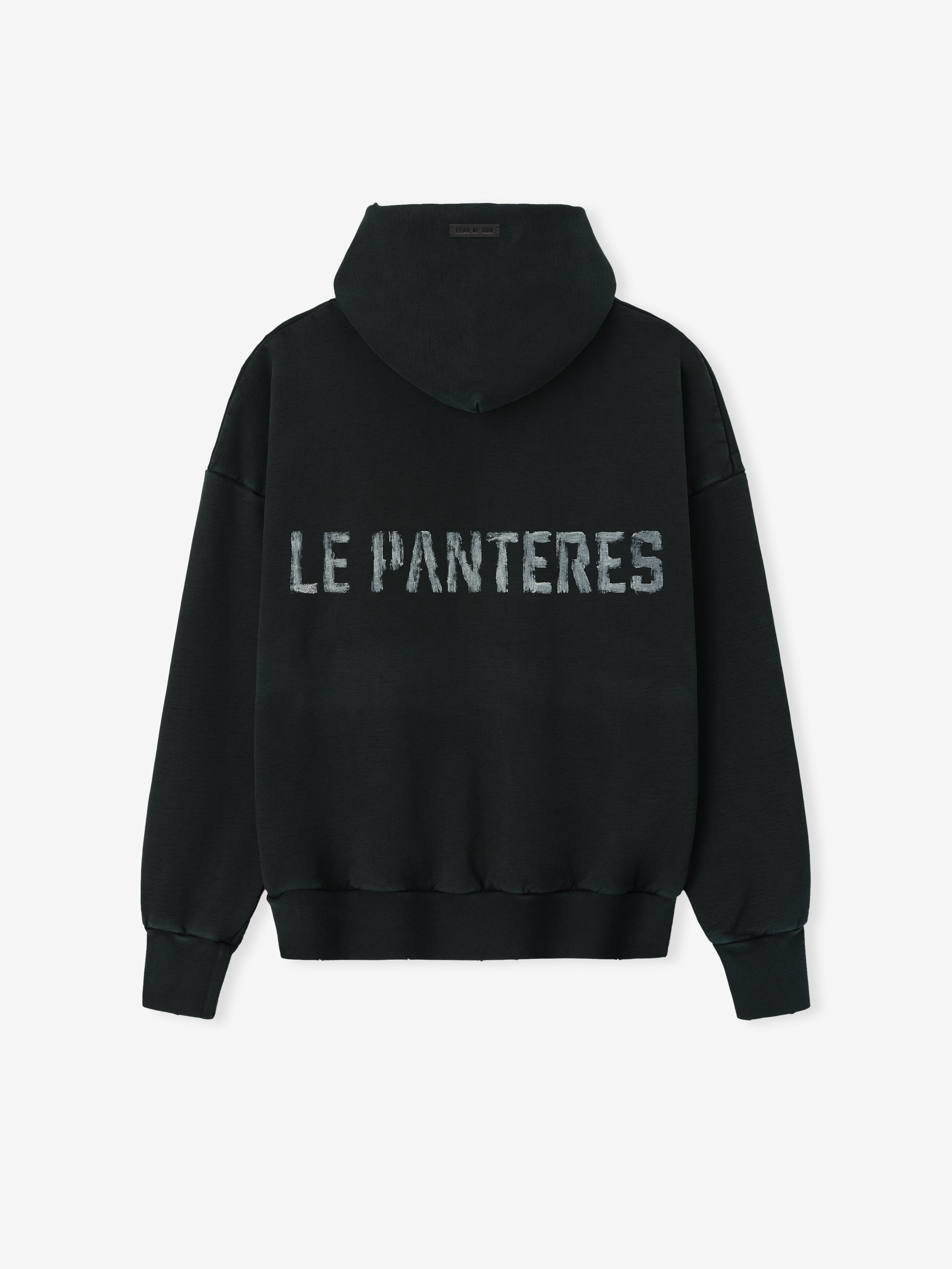 Le Panteres Hoodie in black featuring a faded distressed text logo on the back, crafted from soft fabric with ribbed cuffs and hem for comfortable outerwear.