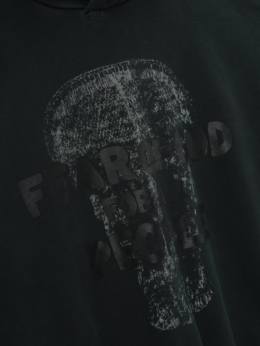 Le Panteres Hoodie in black featuring a subtle distressed tonal skull graphic with bold "FEAR OF GOD FOR ALL PEOPLE" text, crafted as a comfortable outerwear top.