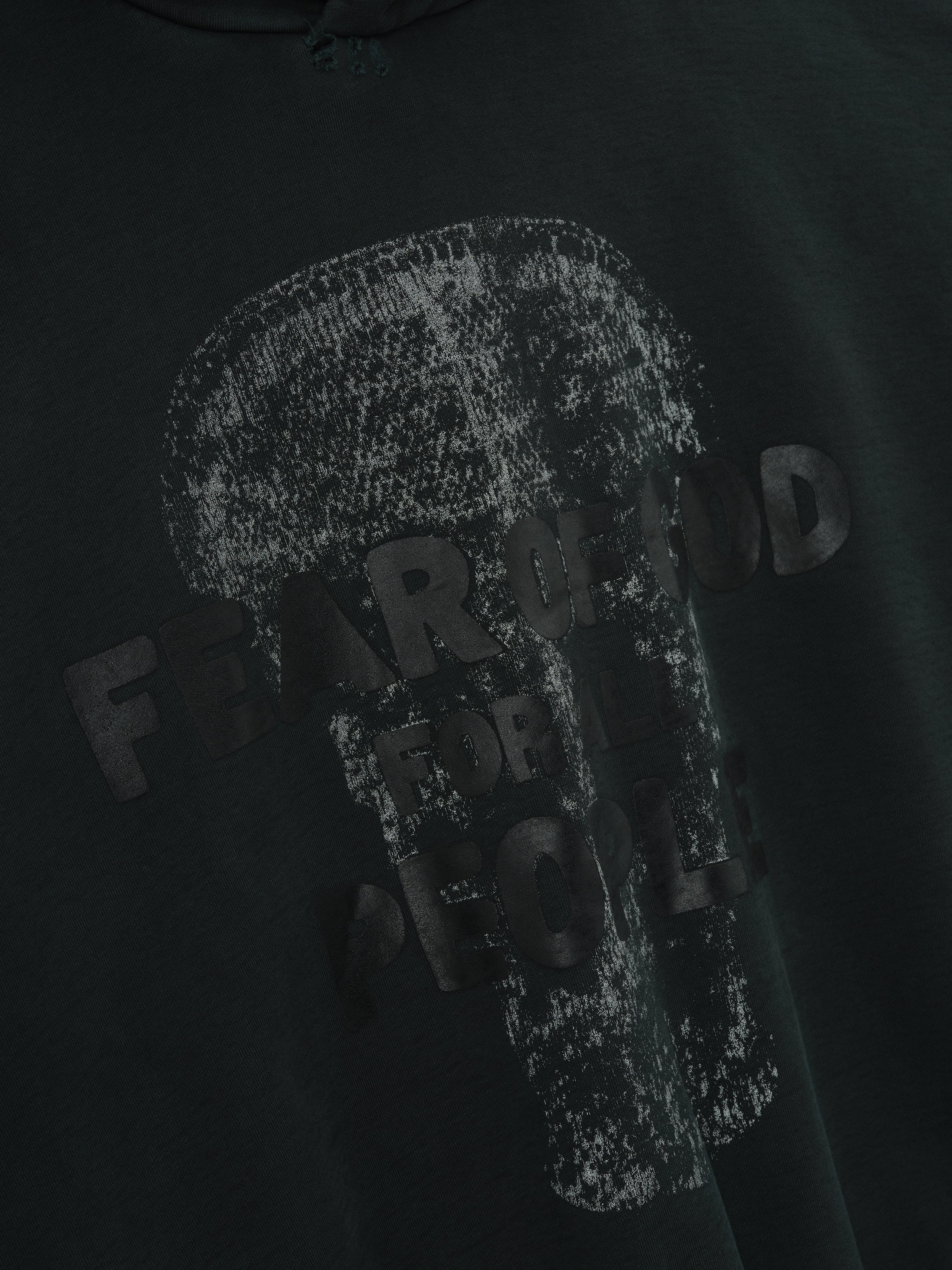 Le Panteres Hoodie in black featuring a subtle distressed tonal skull graphic with bold "FEAR OF GOD FOR ALL PEOPLE" text, crafted as a comfortable outerwear top.