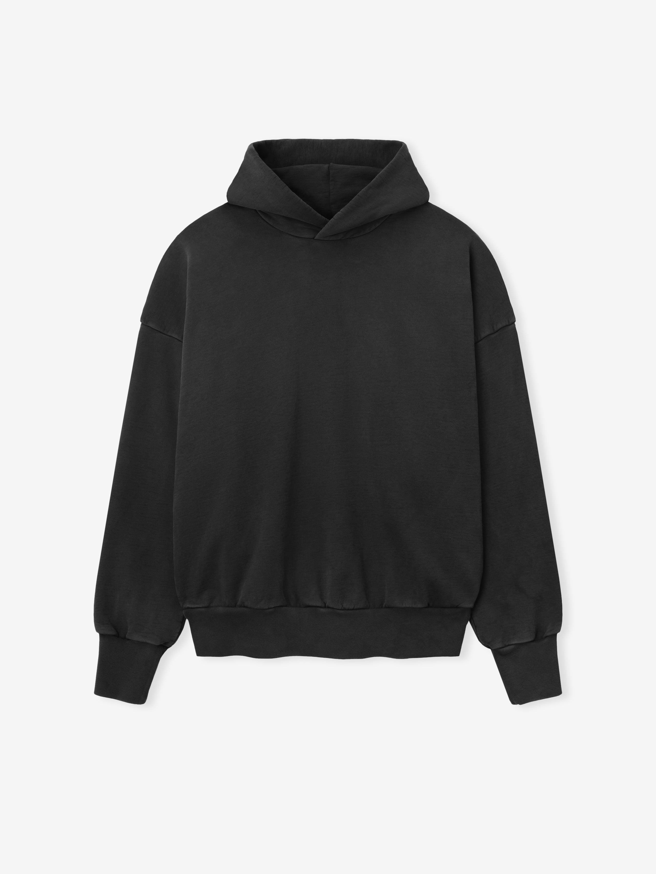 Minimalist black Washed Hoodie with a relaxed fit, featuring a roomy hood, long sleeves with ribbed cuffs, and a ribbed hem for a comfortable, casual outerwear option.