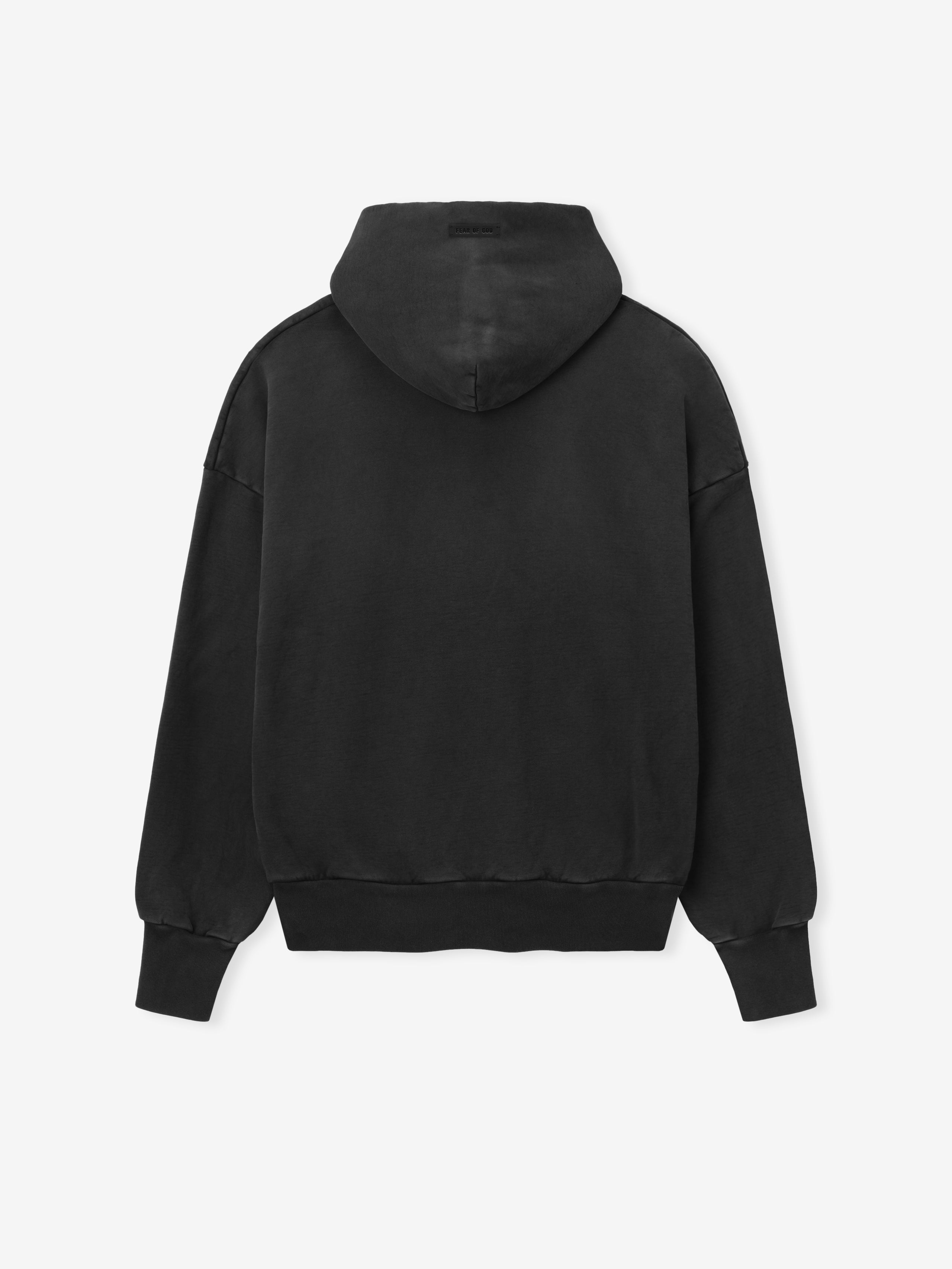 Back view of a black Washed Hoodie featuring a relaxed fit, a spacious hood, dropped shoulder seams, and ribbed cuffs and hem for a casual outerwear style.