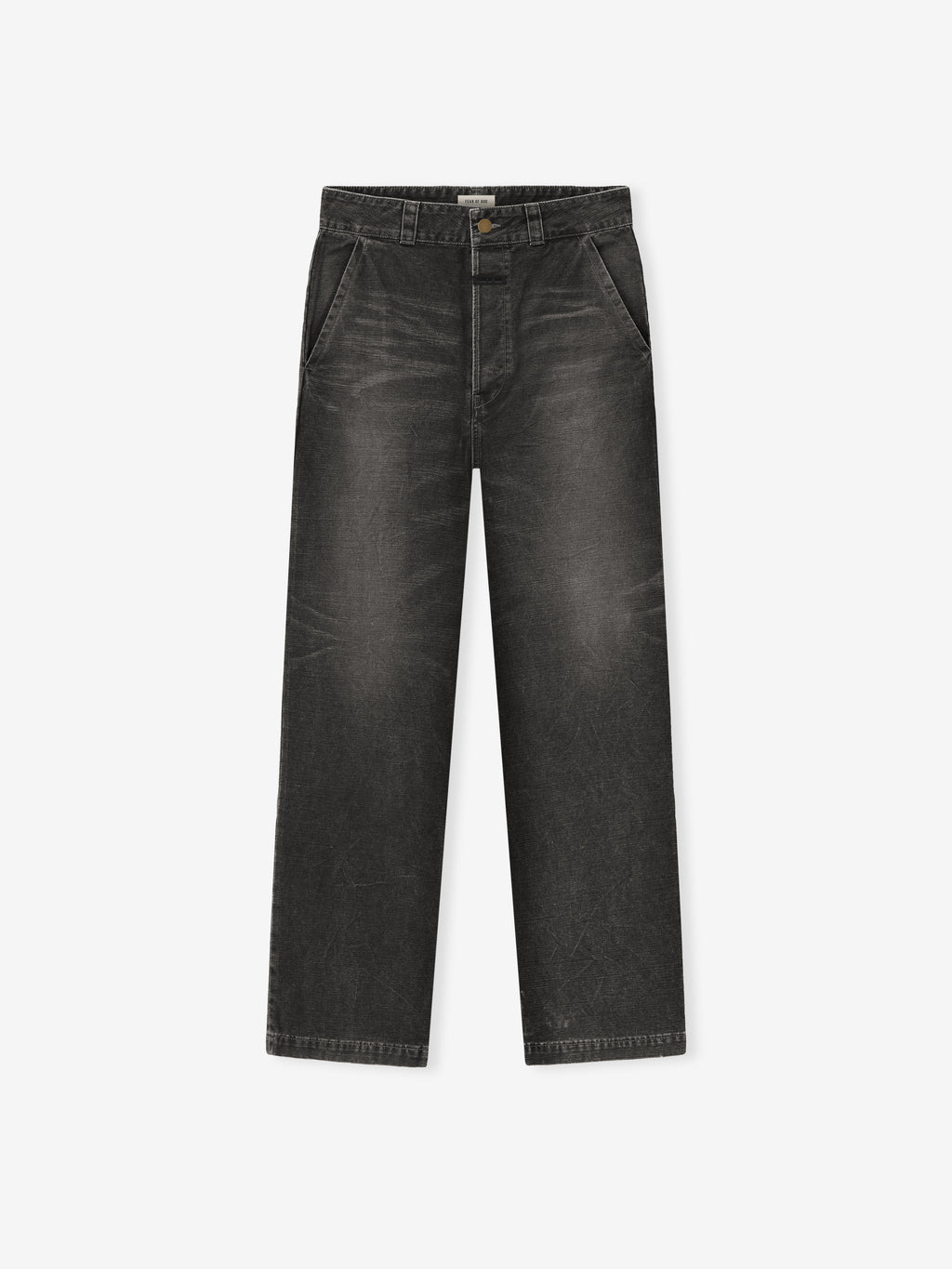 front view of black washed cotton canvas utility pants with relaxed straight leg and antique metal hardware