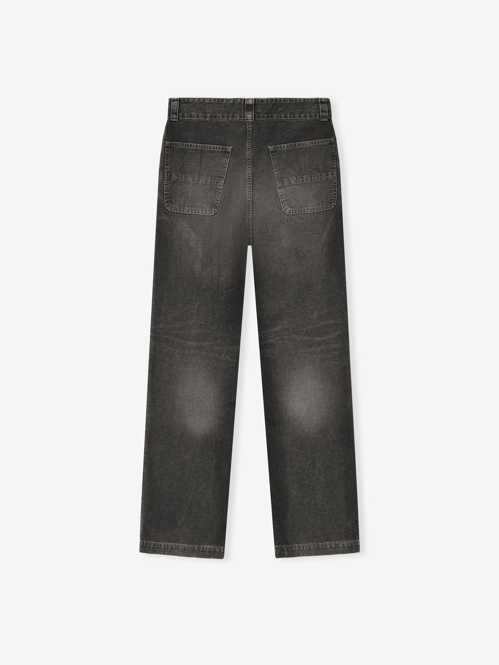 back view of black washed cotton canvas utility pants with relaxed straight leg and patch back pockets
