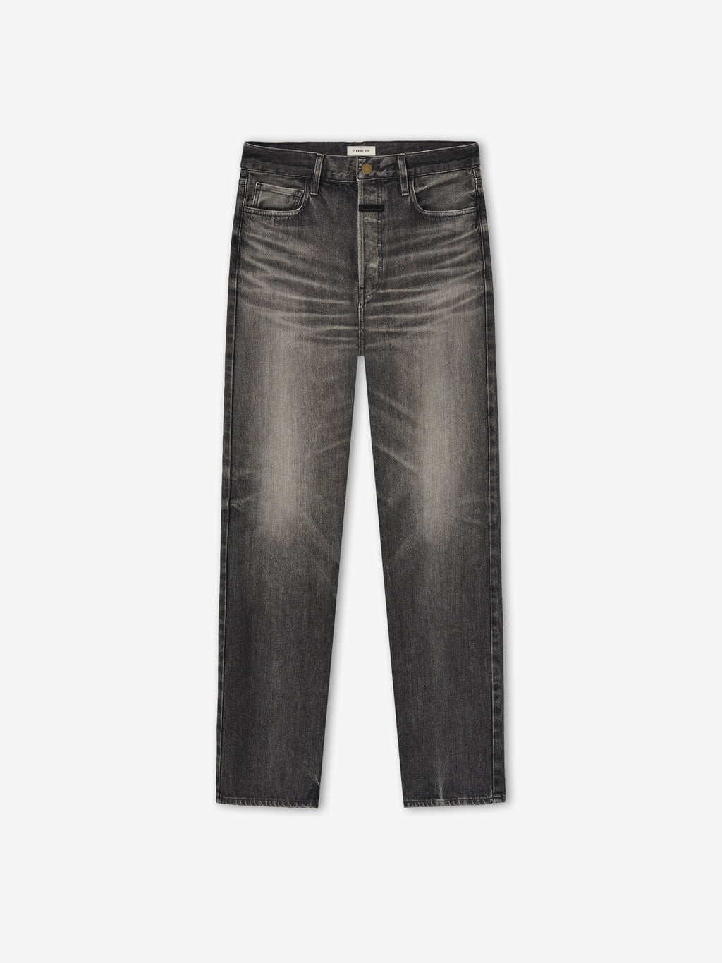 Straight 5 Pocket Jean in a worn black wash featuring a classic five-pocket design, straight leg cut, and subtle faded detailing for a timeless denim bottom.