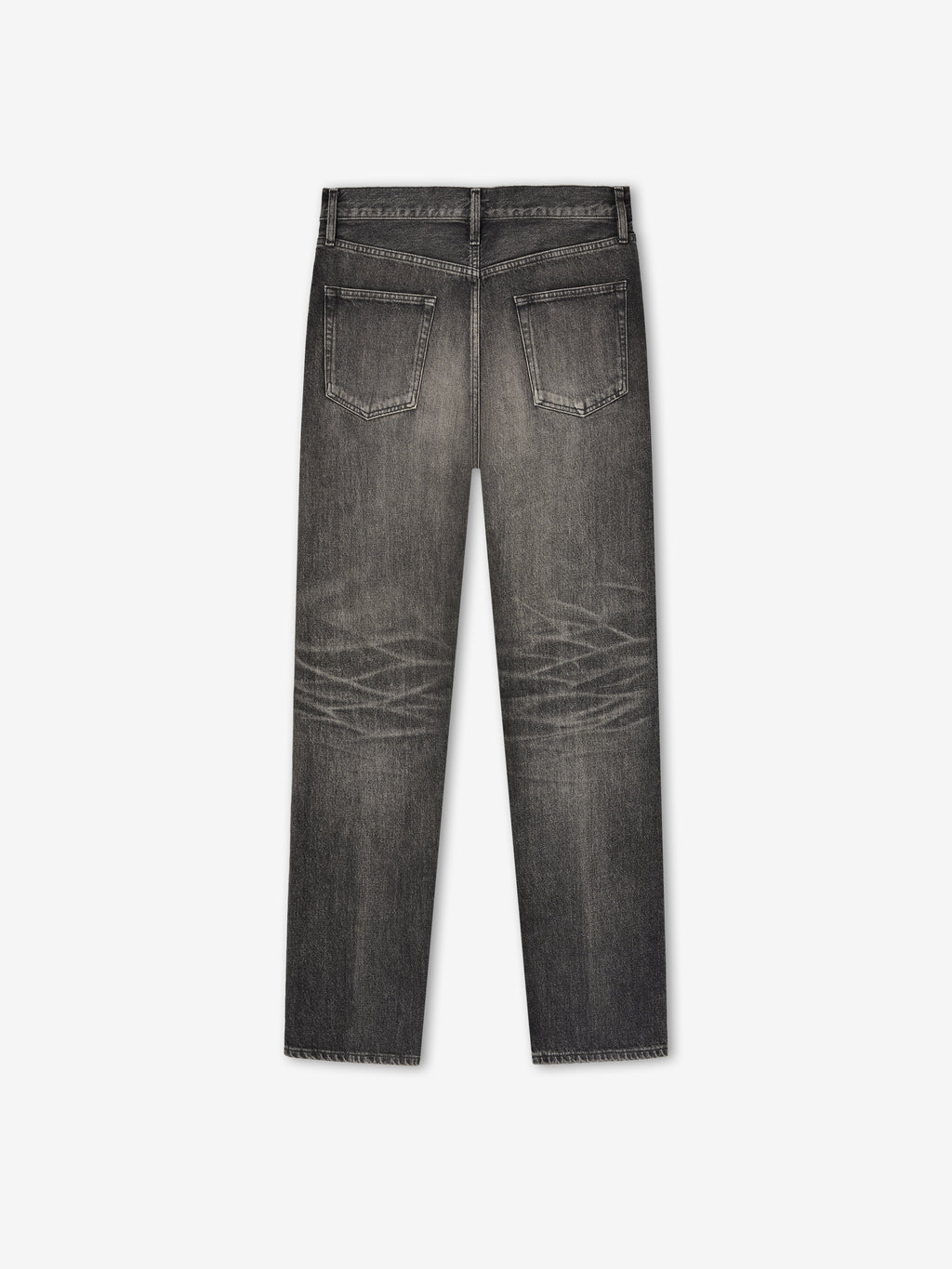 Straight 5 Pocket Jean in a faded black wash featuring classic back pockets, subtle whiskering details, and a clean silhouette for versatile casual bottoms.