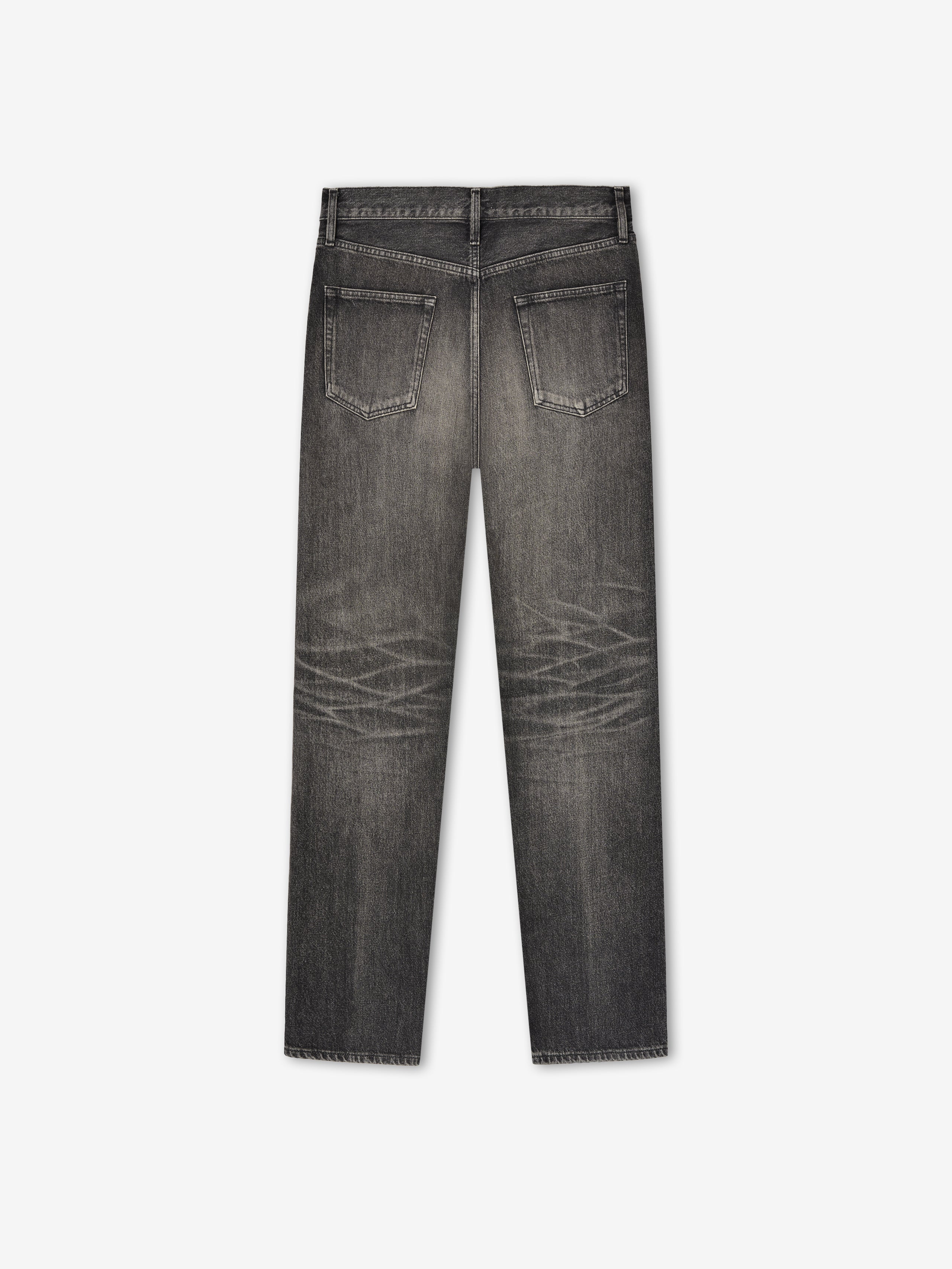 Straight 5 Pocket Jean in a faded black wash featuring classic back pockets, subtle whiskering details, and a clean silhouette for versatile casual bottoms.