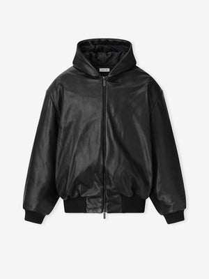 Leather Hooded Bomber Jacket