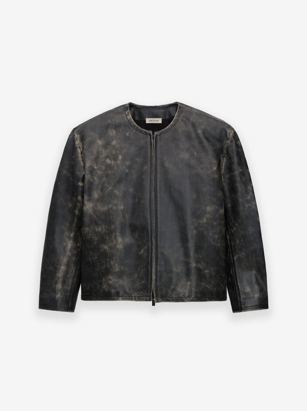Vintage Leather Moto Collarless Jacket view 1