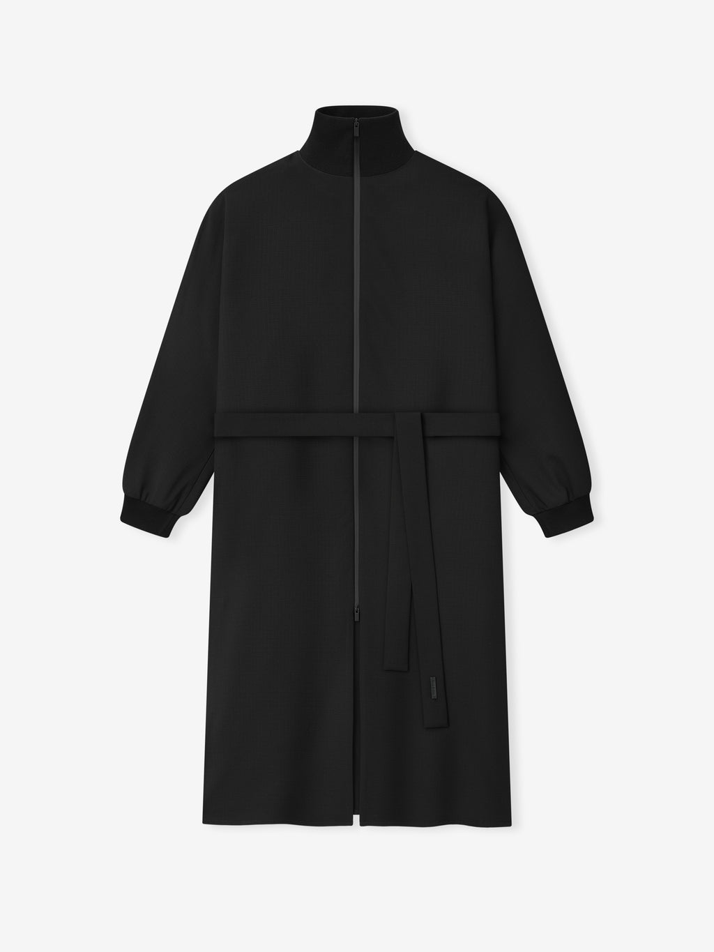 black long-sleeve shirt dress with front zipper, high collar, kimono sleeves, and matching fabric belt in lightweight wool ripstop